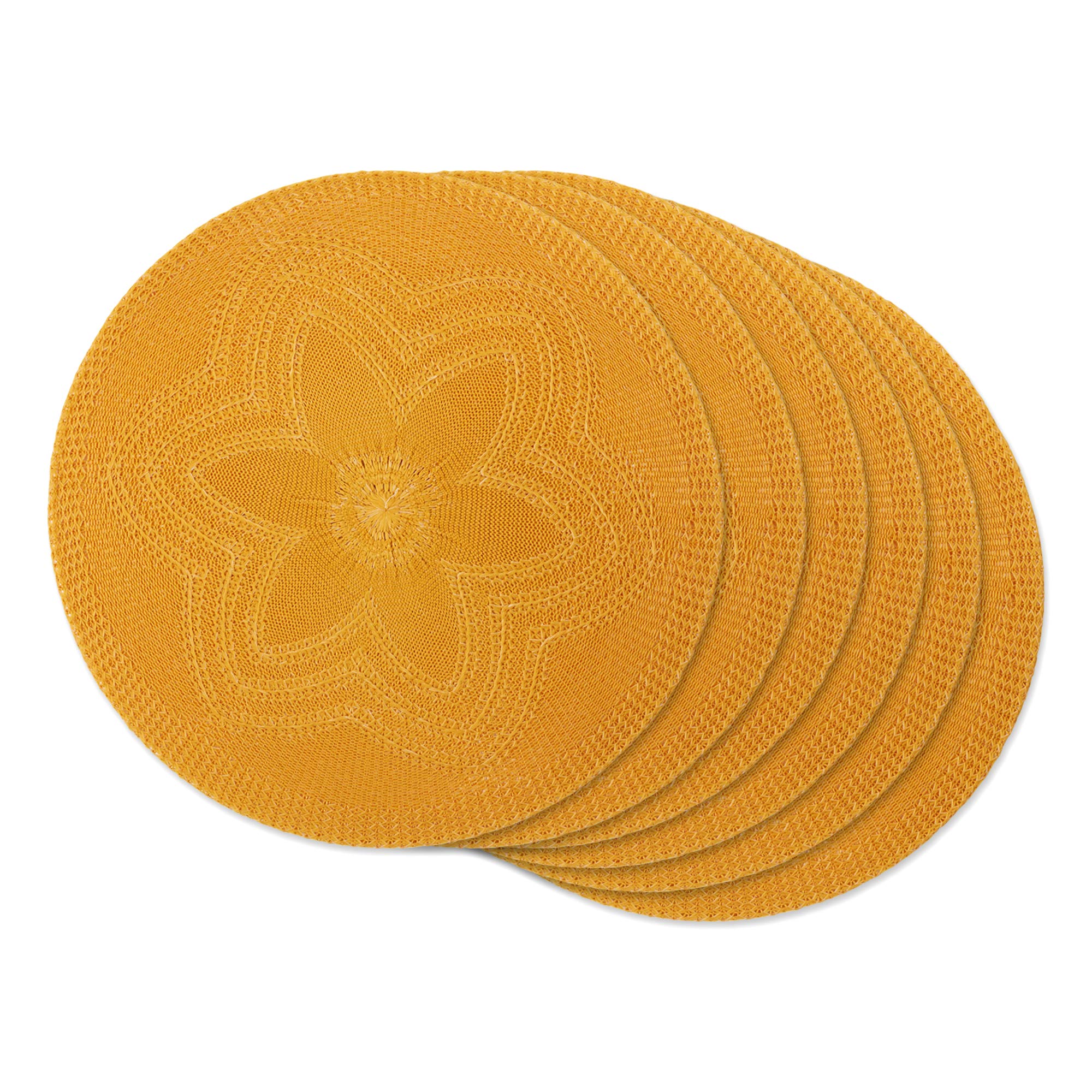 DII Woven Collection Round Braided Floral Placemat Set, 15", Honey Gold, 6 Piece
