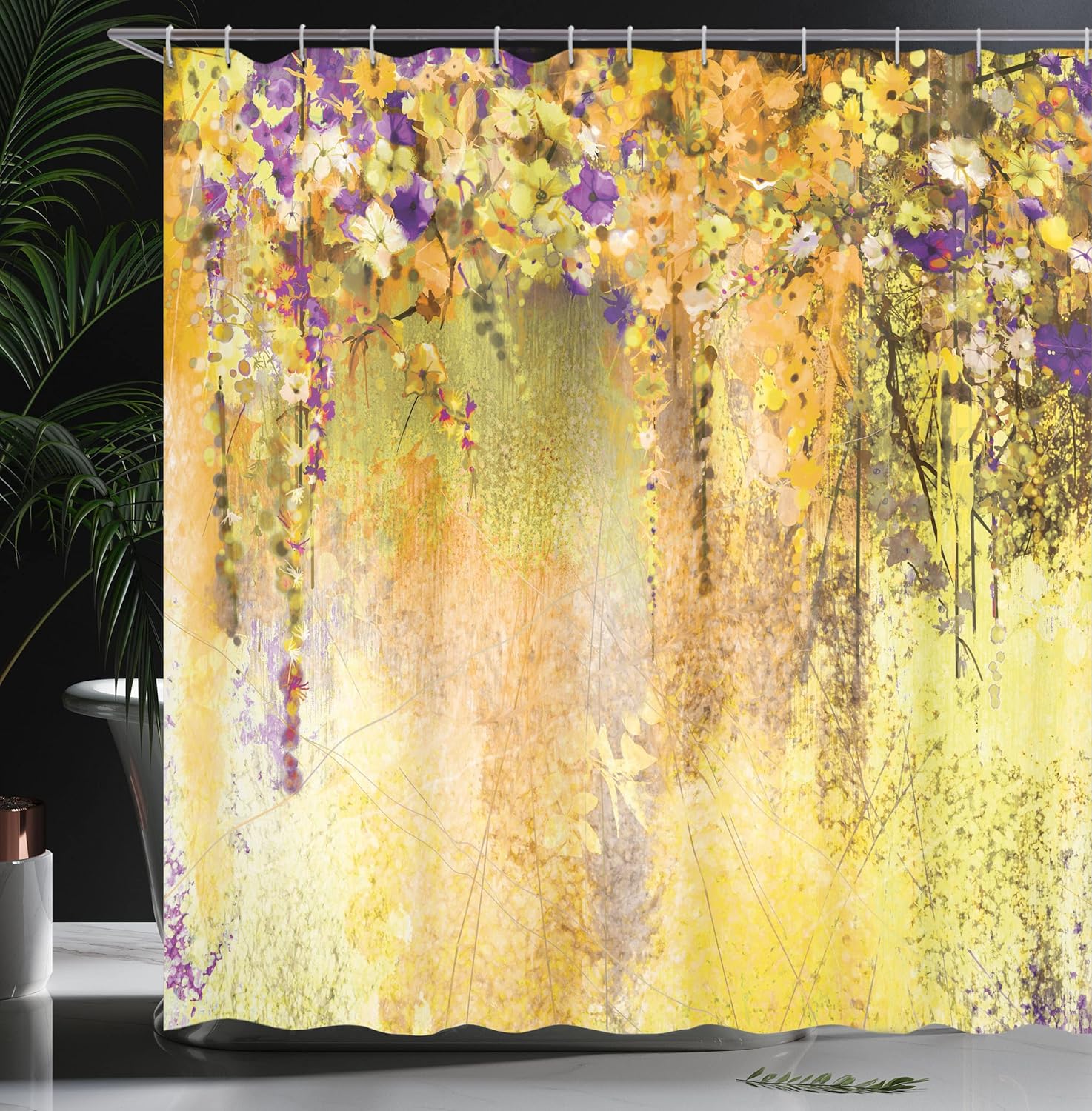 Ambesonne Flower Shower Curtain, Abstract Herbs Alternative Medicine Blossoms Ivy Back Florets Shrubs Design, Cloth Fabric Bathroom Decor Set with Hooks, 69" W x 70" L, Mustard Purple