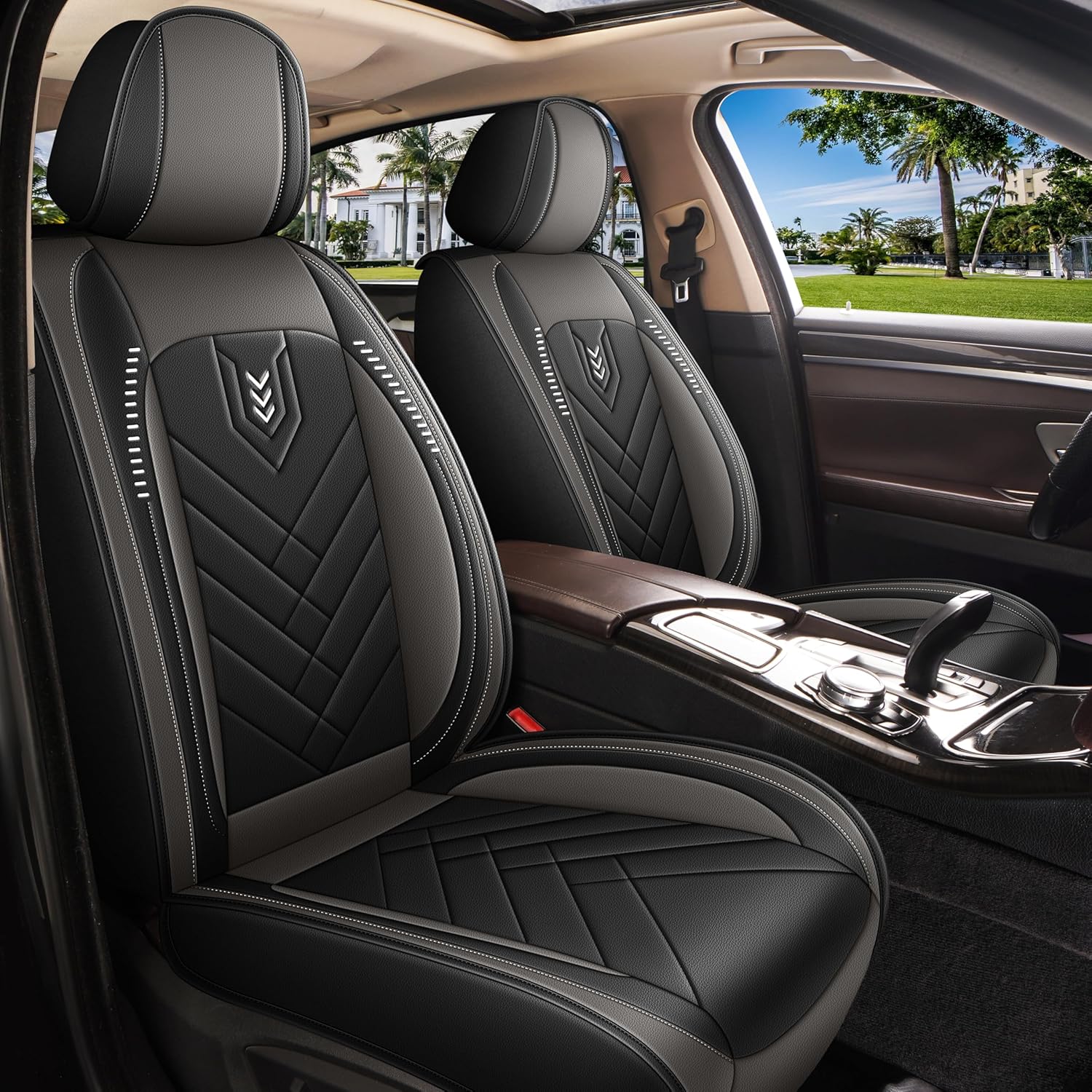 AOMSAZTO Car Seat Cover for Honda FIT 2007-2020 Front Set, Leather Car Seat Protector Waterproof, Non Slip Car Seat Cushion, Interior Seat Covers Automotive Accessories - Black&Grey