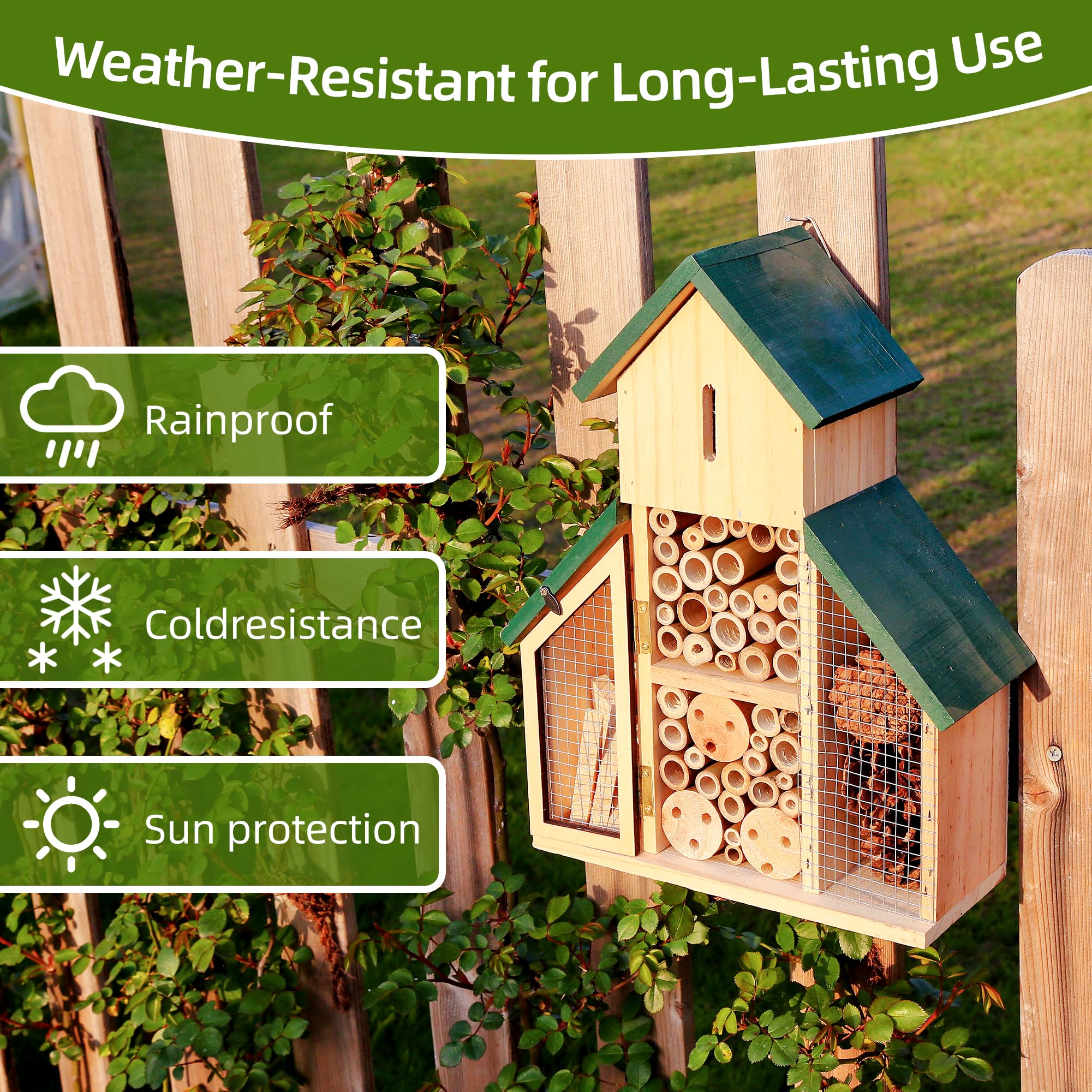 3-lagiges Insektenhaus aus Holz mit grünem Dach, mehrere Räume und Kapazität, Insektenhotel, ein hängender Lebensraum für Bienen, Schmetterling, Marienkäfer, Bienenkiste