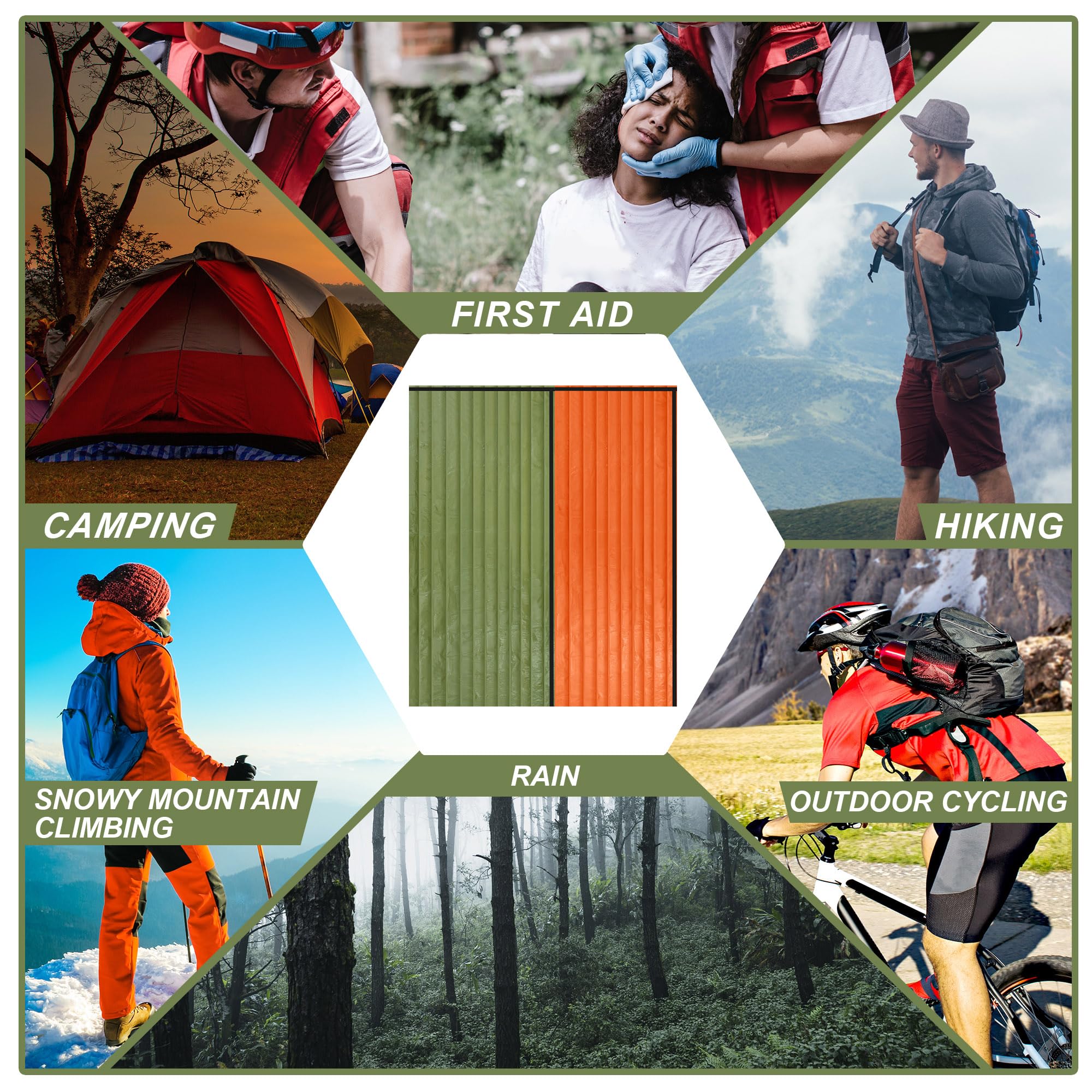 Preboun Notfall-Schlafsack, tragbar, leicht, Thermo-Schlafsack, wasserdicht, Notfalldecke, Überlebensausrüstung für Outdoor, Camping, Wandern, Obdachlose, Unterschlupf (Orange, Grün)