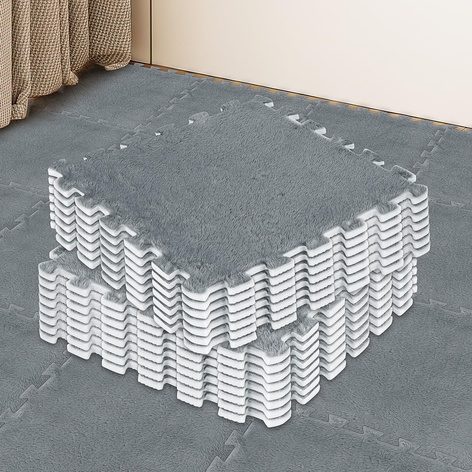 15 Pack Plush Foam Floor Tiles 30 x 30 x 1cm Interlocking Play Mat Squares with Border Soft Climbing Mats for Playroom and Nursery (Grey)