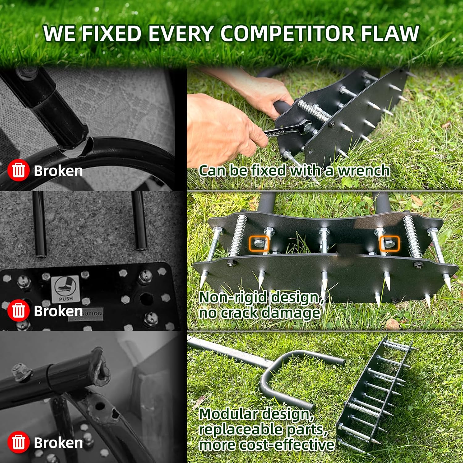 [Bolt-On Base] Lawn Aerator - Kick to Unclog Jammed Springs in 3 Secs! No Welding to Ever Break, 31"x15" Wide Plate Saves 20% Time, for Compacted Clay Soil (Pre-Assembled)