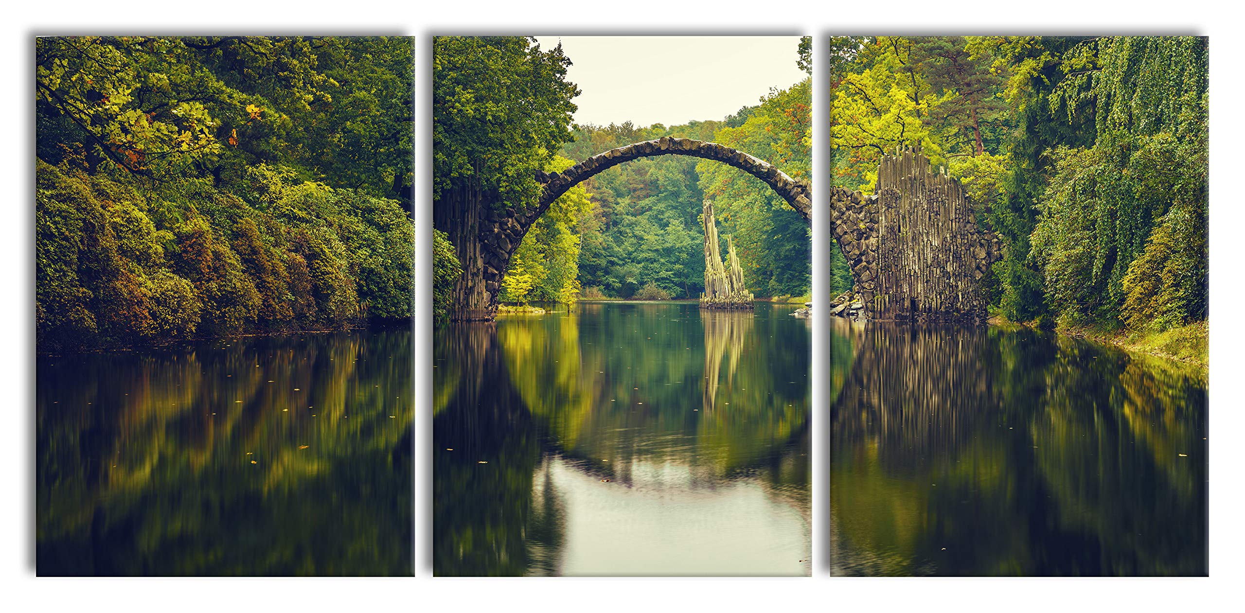 Pixxprint Rakotz-Brücke Kromlau Reflexion, XXL Leinwandbild in Übergröße 210x100cm Gesamtmaß 3 teilig, Wandbild, Kunstdruck
