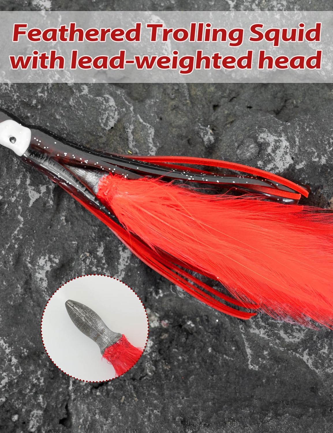 BLUEWING Tuna Feather Daisy Chain Fishing Teaser Lure with 6in Feathered Trolling Squids and Stainless Steel Hook Big Game for Tuna Mahi Wahoo Marlin, Black/Red