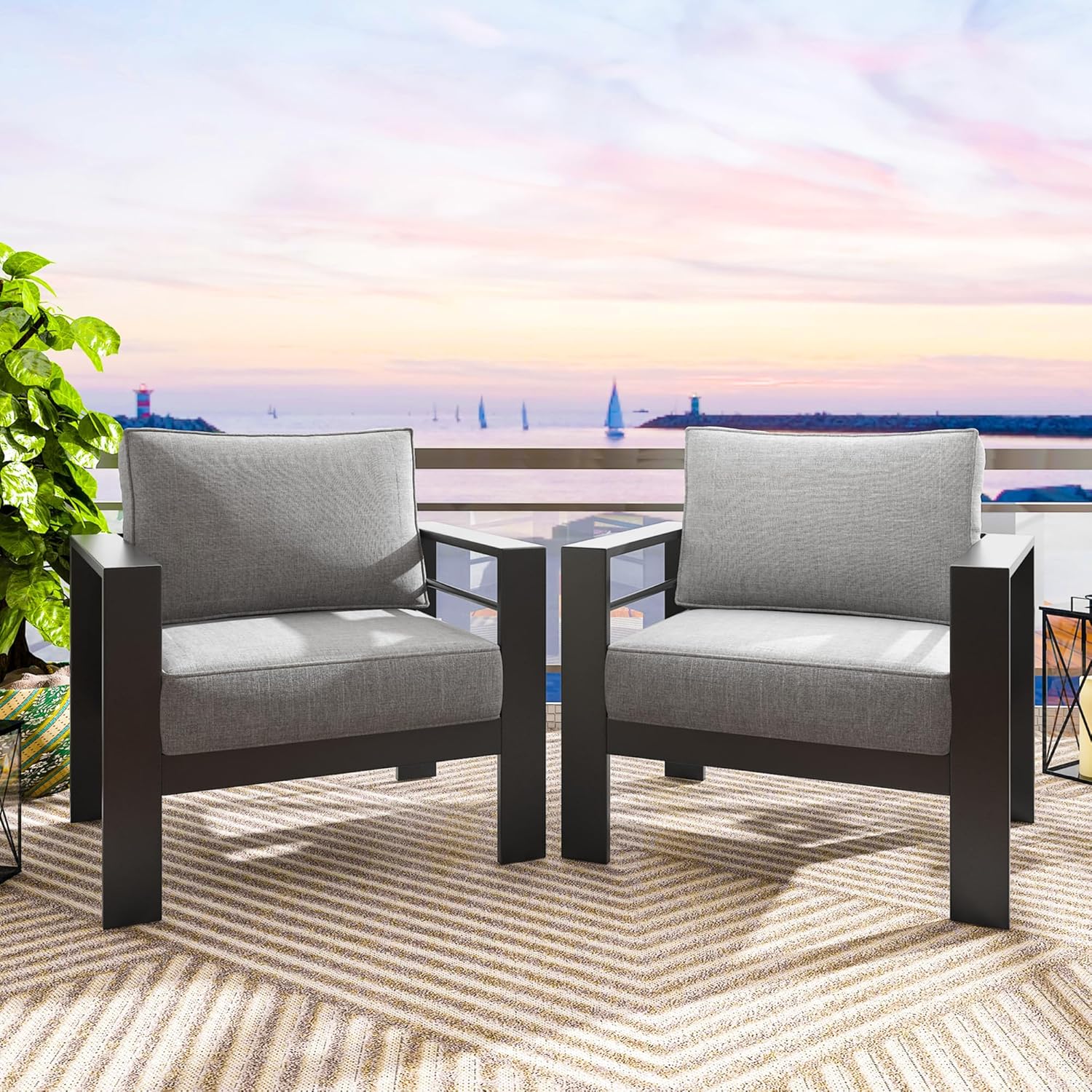 Solaste Patio Furniture Metal Armchair,2 PCS All-Weather Aluminum Garden Outdoor Contemporary Sofa Chair with Cushions, Light Grey