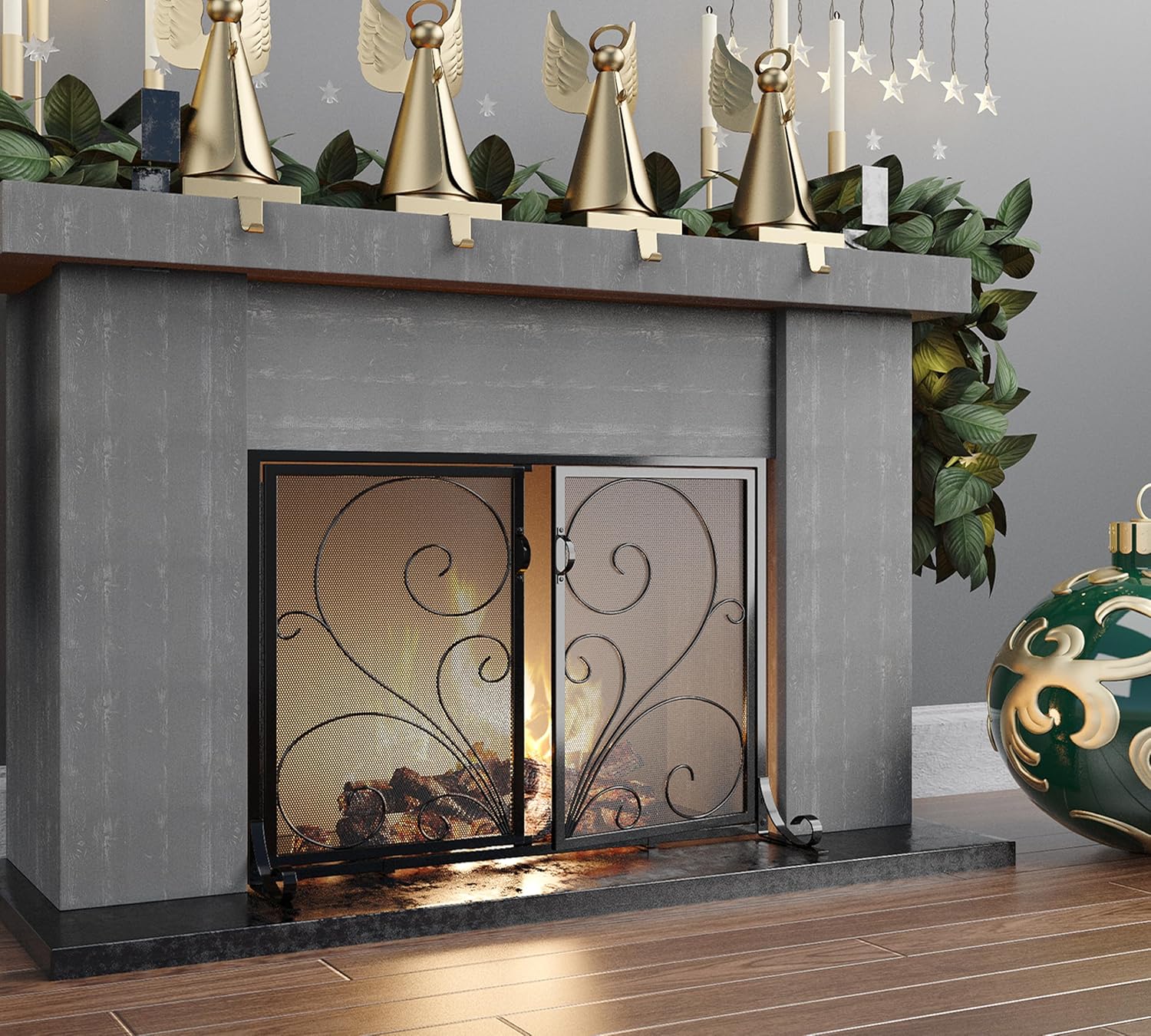 Fireplace Screen with Double Doors, Metal Mesh Spark Guard, Baby Proof Fireplace Screen, Decorative Black Safety Screen for Wood Stoves and Fireplaces