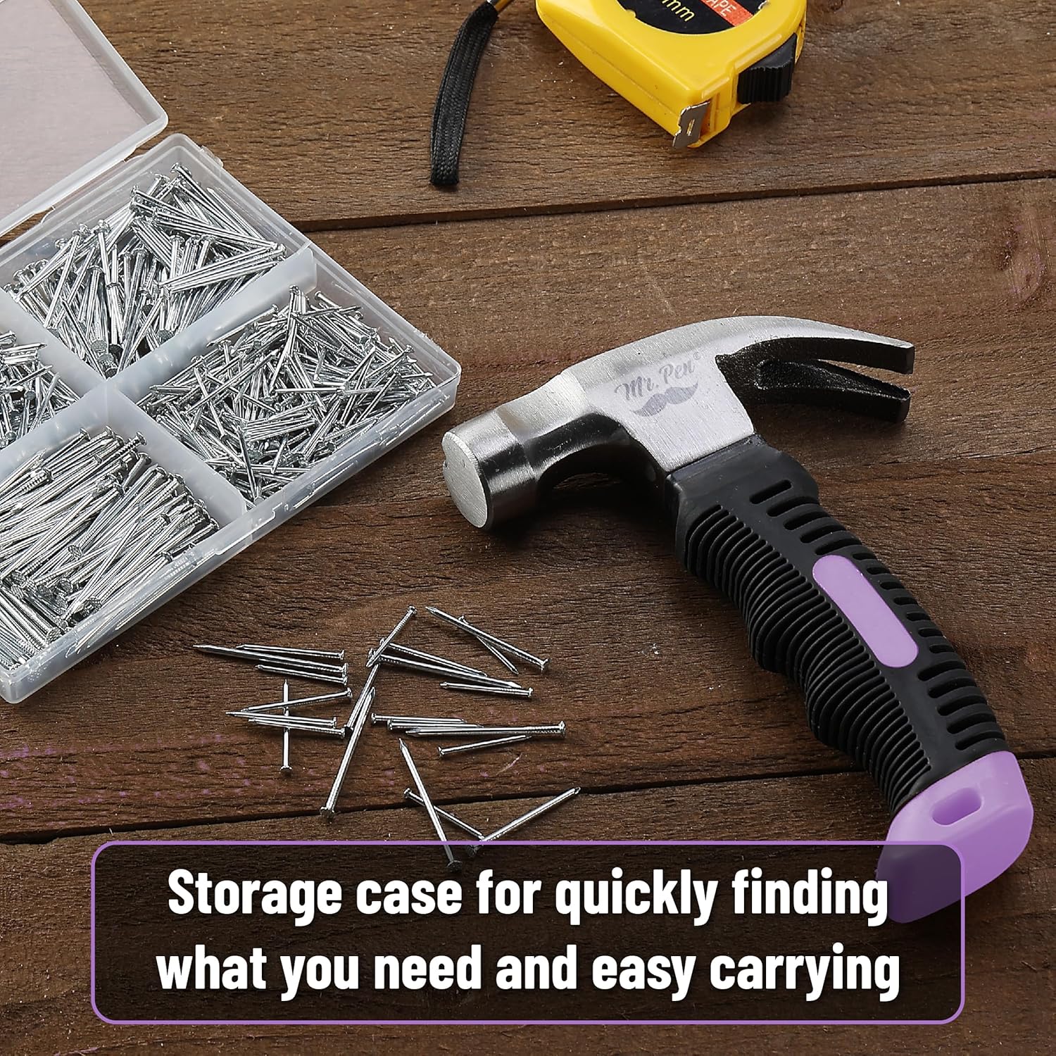 Mr. Pen- Nail Assortment Kit and 8oz Small Hammer for Picture Hanging, Purple Hammer, 600 pcs Small Nails for Hanging Pictures