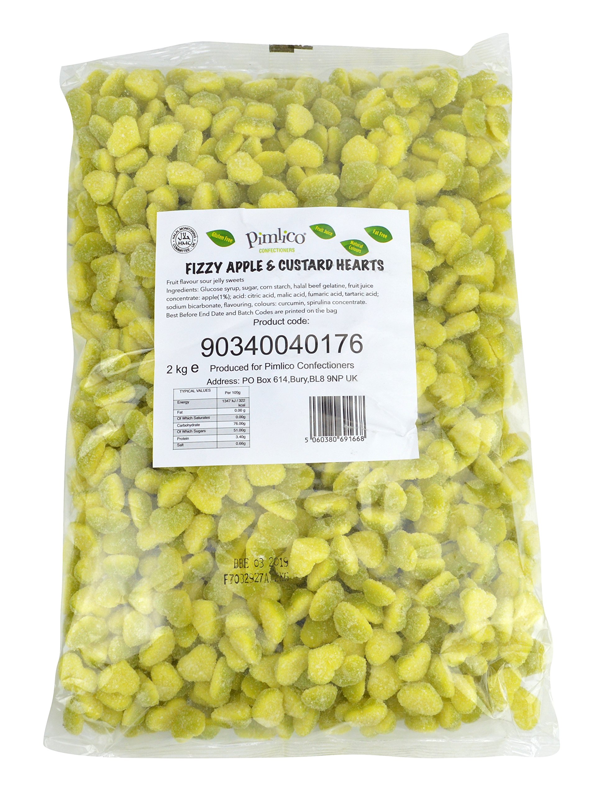 Pimlico Confectioners Fizzy Apple Custard Jelly Heart Sweets - natural colours - fruit juice added - HMC UK Halal - 2kg bulk bag