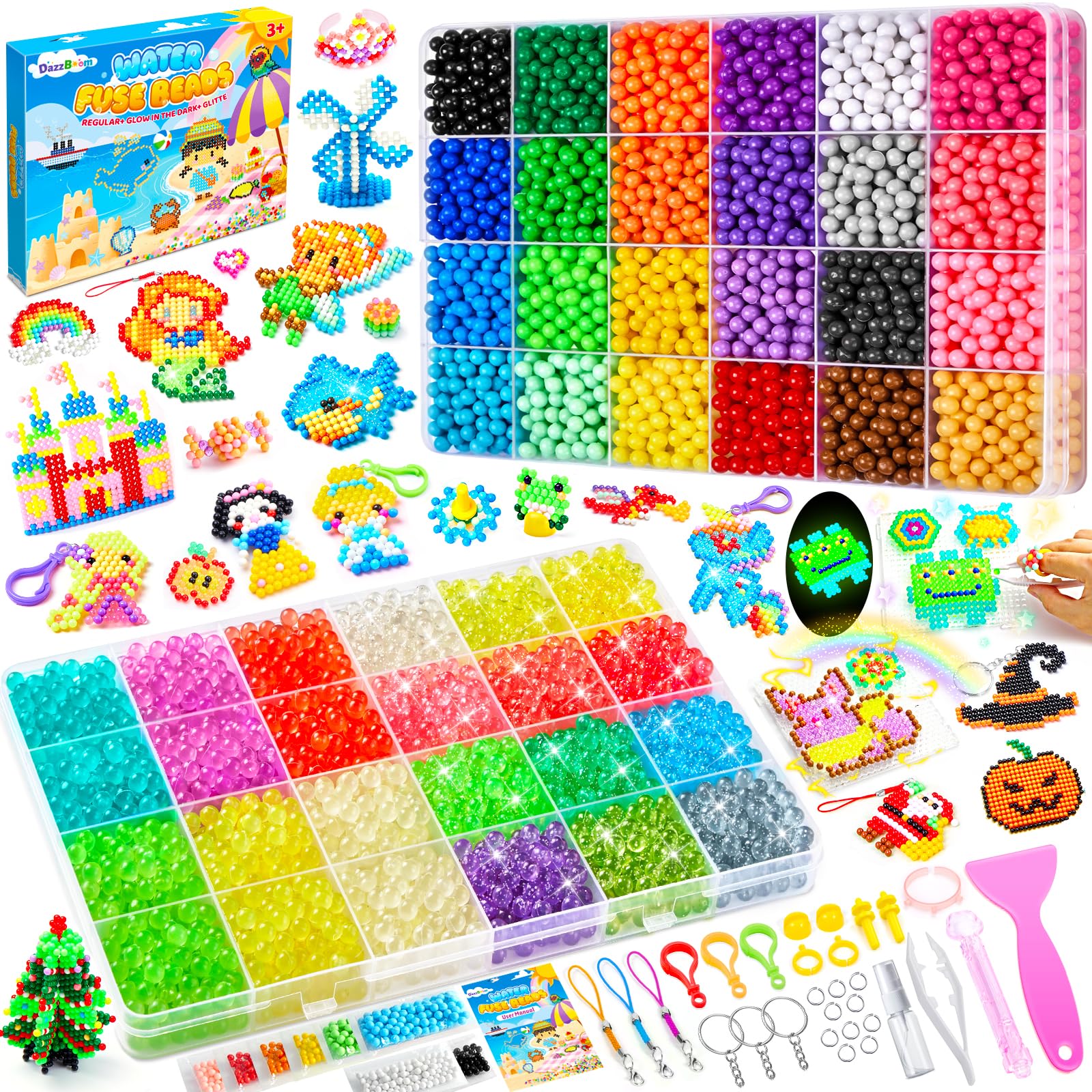DazzBoom 5100+ Wasserperlen für Kinder Set 42 große Gitter 36 Farben Feste Wassernebelperlen 6 Farben leuchtende Wassernebelperlen Bunte Wasserperlen für Kinder