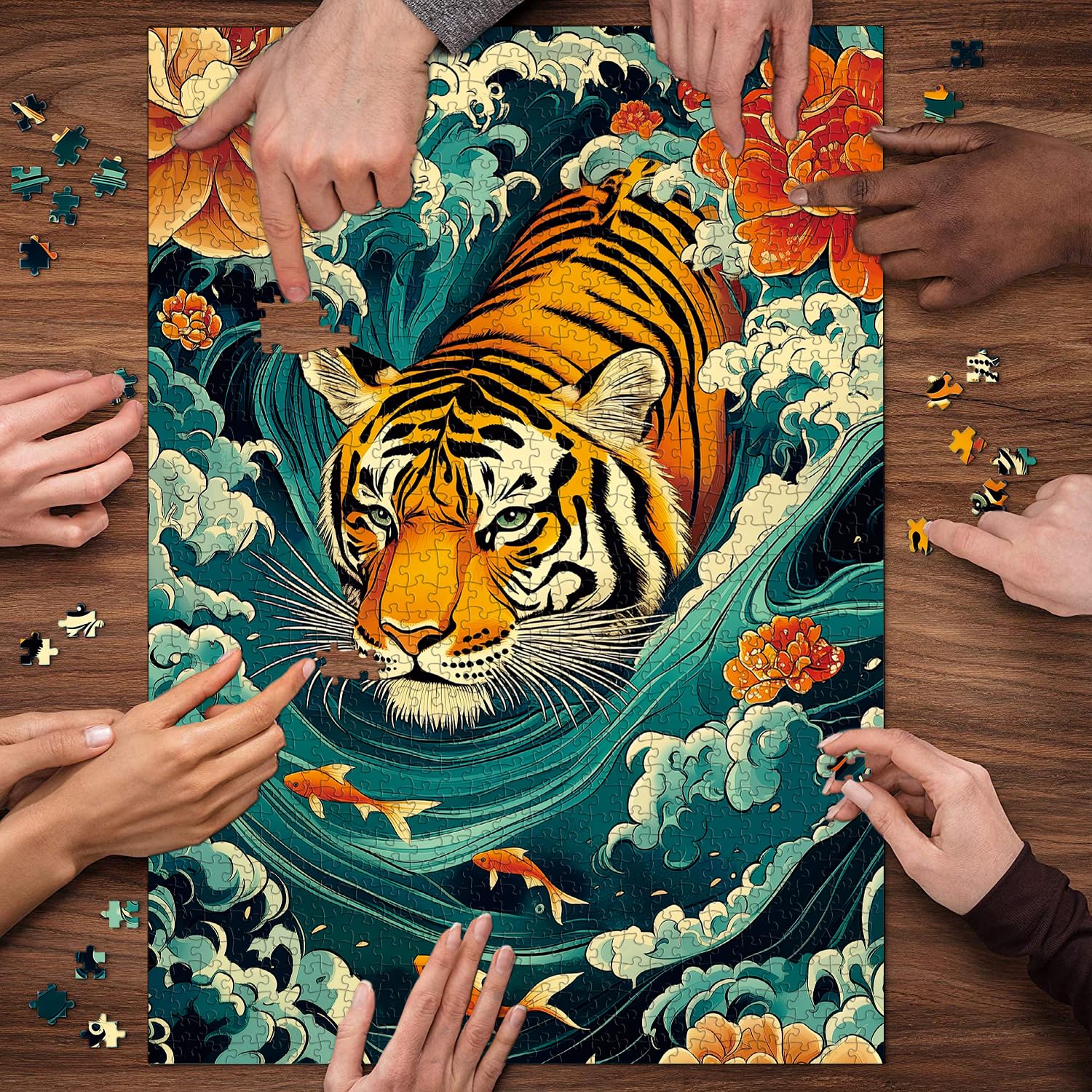 Mighty Tiger Puzzles for Adults 1000 Pieces, Nature Animal Art Puzzle Featuring Tiger in Waves, Koi Fish and Blooming Flowers, Wildlife Challenging Puzzles for Adults as Home Wall Decor - Image 6