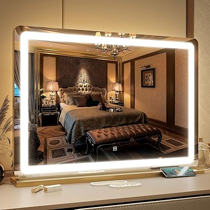 FENNIO Vanity Mirror with Lights 32"x22", Lighted Makeup Mirror, Large Vanity Mirror with Lights, Touch Sensor with 3 Color Lighting,USB Charging Port for Vanity Desk Tabletop(Gold)