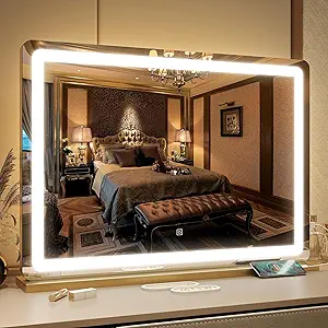 FENNIO Vanity Mirror with Lights 32"x22", Lighted Makeup Mirror, Large Vanity Mirror with Lights, Touch Sensor with 3 Color Lighting,USB Charging Port for Vanity Desk Tabletop(Gold)