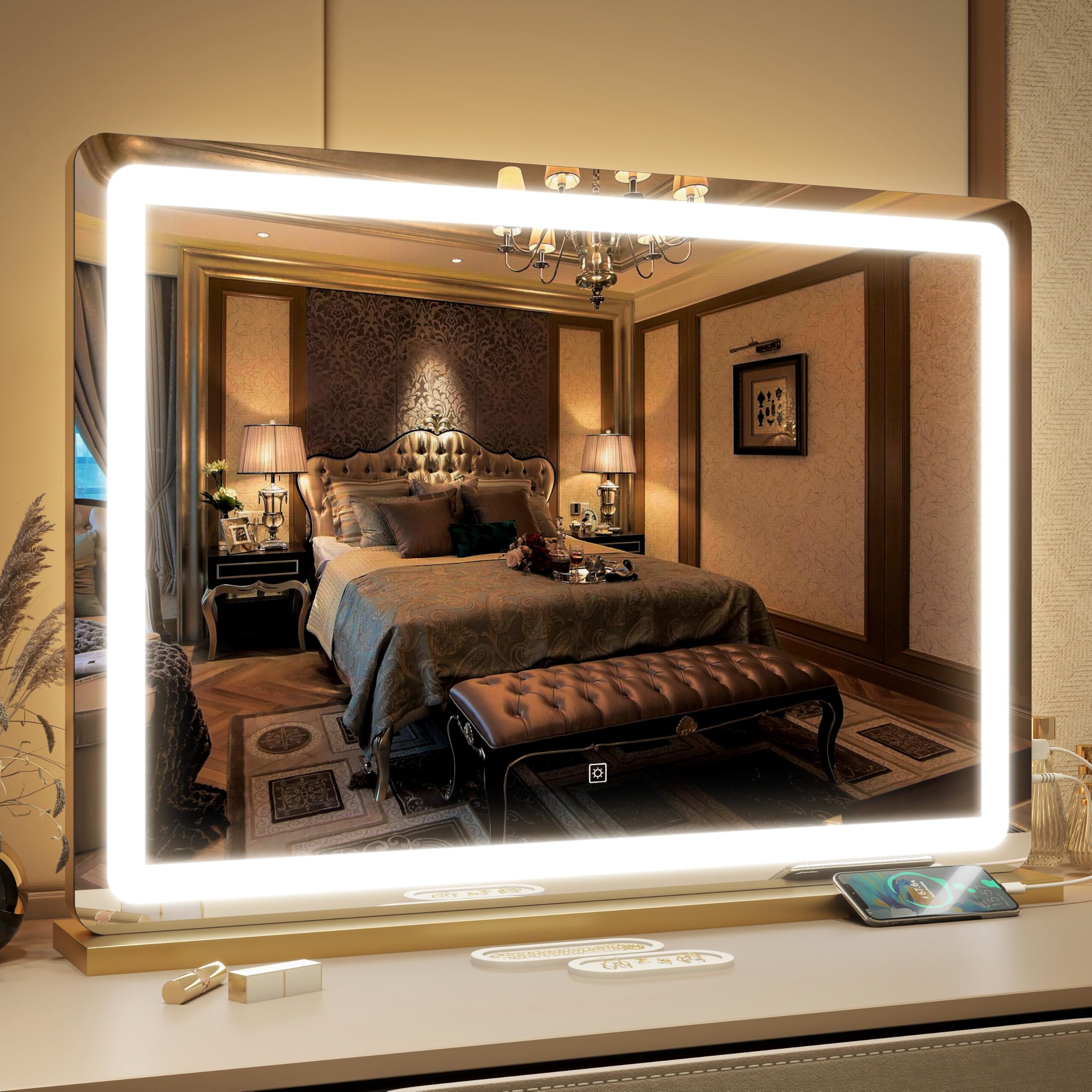 FENNIO Vanity Mirror with Lights 32"x22", Lighted Makeup Mirror, Large Vanity Mirror with Lights, Touch Sensor with 3 Color Lighting,USB Charging Port for Vanity Desk Tabletop（Gold）