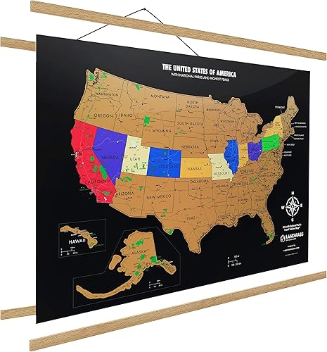 Marco magnético de madera para colgar pósteres de 24 pulgadas + mapa para raspar de los Estados Unidos, impresión de póster de Estados Unidos,