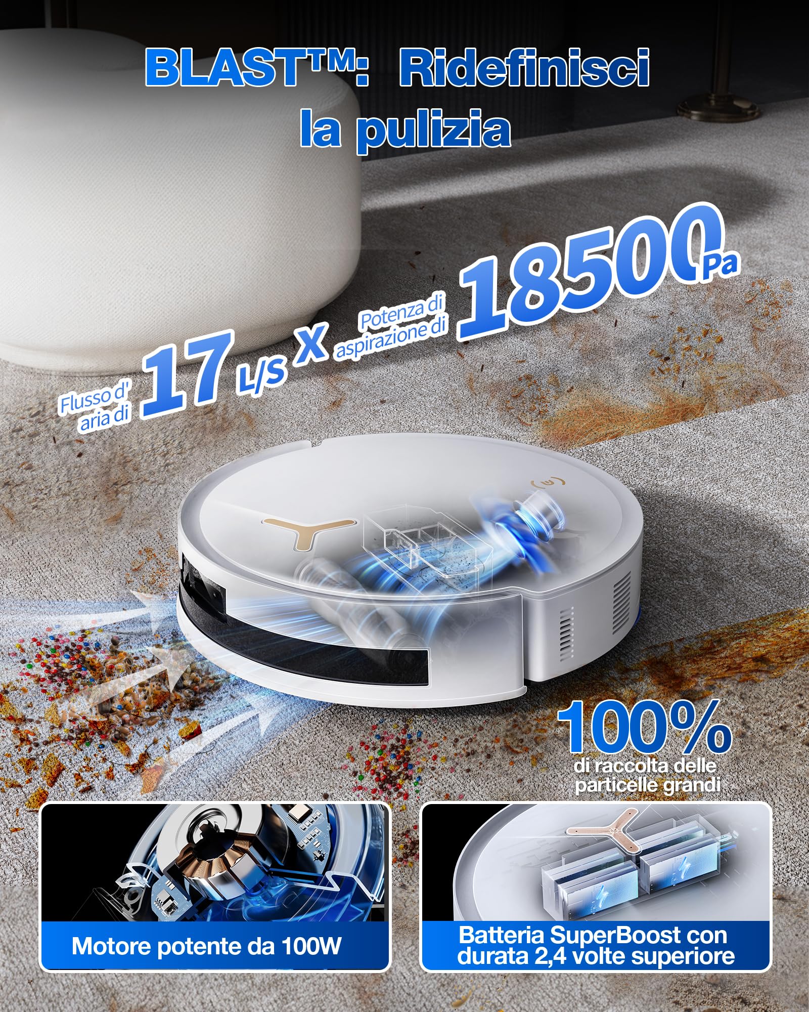 ECOVACS DEEBOT T50 MAX PRO Gen2 Robot Aspirapolvere Lavapavimenti, 18.500Pa, ZeroTangle 2.0, Pulizia Profonda Tappeti, Spazzola Laterale Estendibile e Straccio, Lavaggio Automatico Acqua Calda 40-75℃