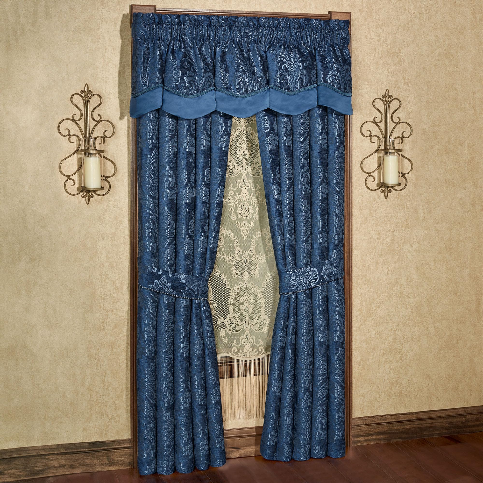Touch of Class Camelot Luxury Window Treatment | Calming Navy Blue | Matte Satin Damask on Richly Textured Jacquard-Woven Chenille Fancy Drapery Set Includes Scalloped Valance and 95L Curtain Pair