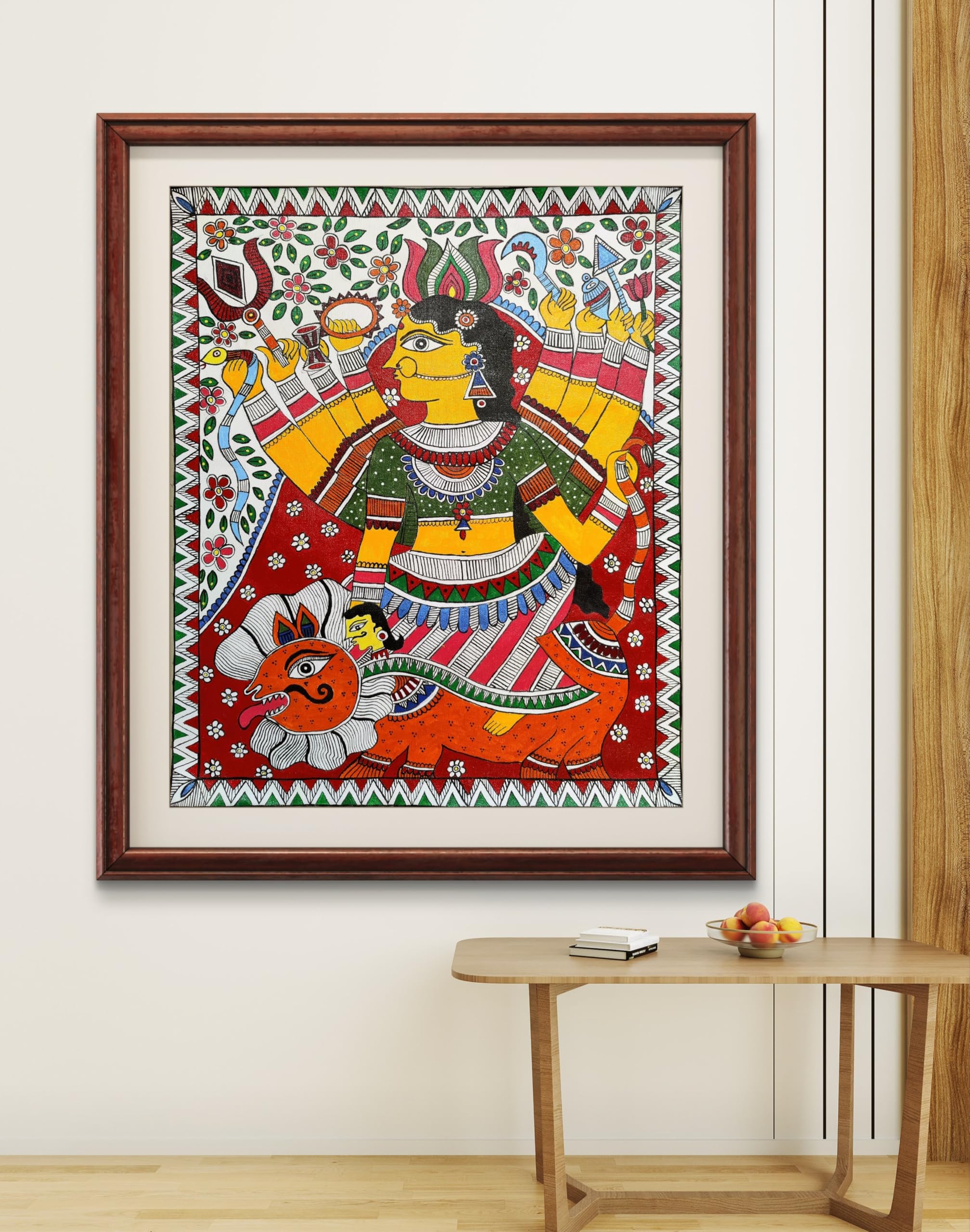 BHARAT ART BAZAAR |Handmade Goddess Durga with Lion Madhubani Painting - Traditional Indian Folk Art for Wall Decor| Handcrafted Home D�cor Wall Art (Handmade Artwork) | 19.5" x 24"-image-29