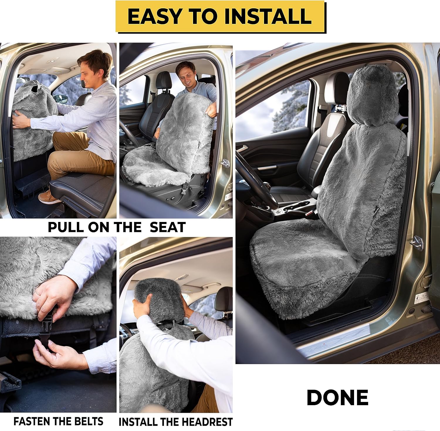 ZONETECH Sheepskin Seat Covers Fuzzy Car Seat Covers Grey Australian Merino Wool Fluffy Fur Auto Accessories All Season Protection for Your Seats Universal Fits Most Car SUV Airbag Compatible - Image 5