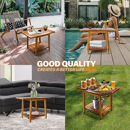 Miniatura 6 de ENKEZI Acacia - Mesa auxiliar para exteriores de 24 pulgadas, patio resistente de 2 niveles, mesa auxiliar resistente a la intemperie, mesa auxiliar