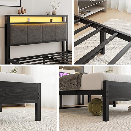 Miniatura 8 de Base de cama de tamaño matrimonial con luces LED, cabecera tapizada con estantes de almacenamiento y estación de carga, base de colchón LED Negro y