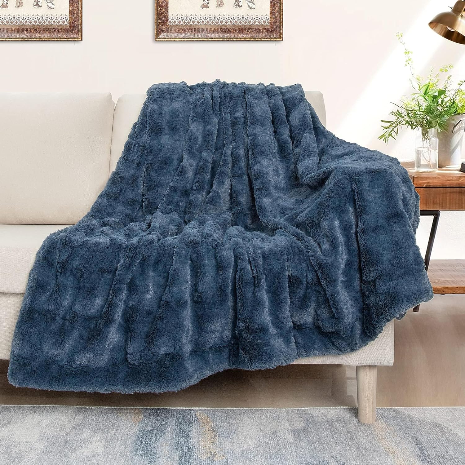 TOONOW Faux Fur Luxury Throw Blanket,Double Side Soft Fluffy Shaggy Fuzzy Blanket for Couch Sofa Bed (Navy, Throw) - Image 5