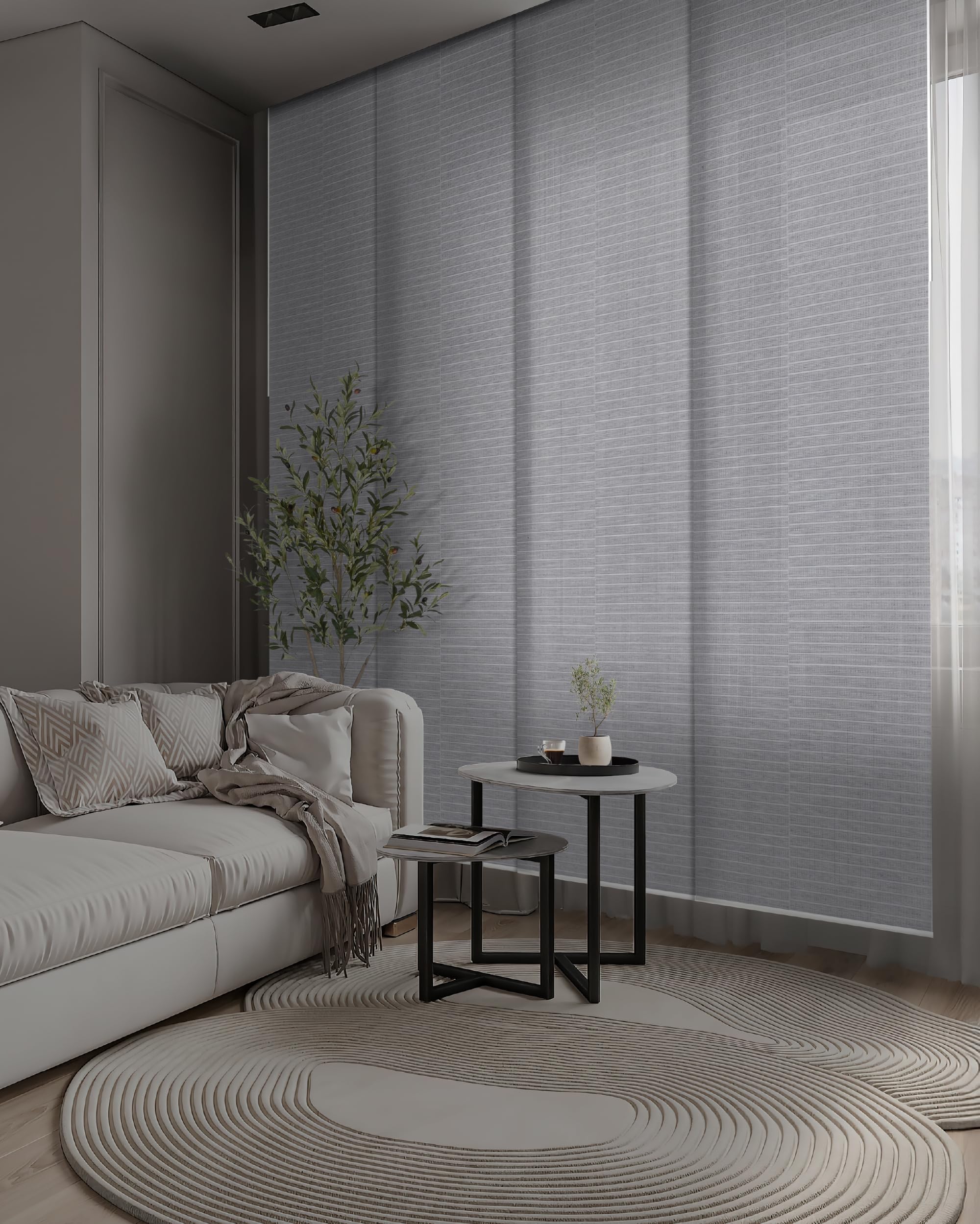 GoDear Design Adjustable Sliding Vertical Blinds for Sliding Glass Doors 45.8"- 86" W x 96" H, Extendable Panel Track Blinds, Gray Trimmable Natural