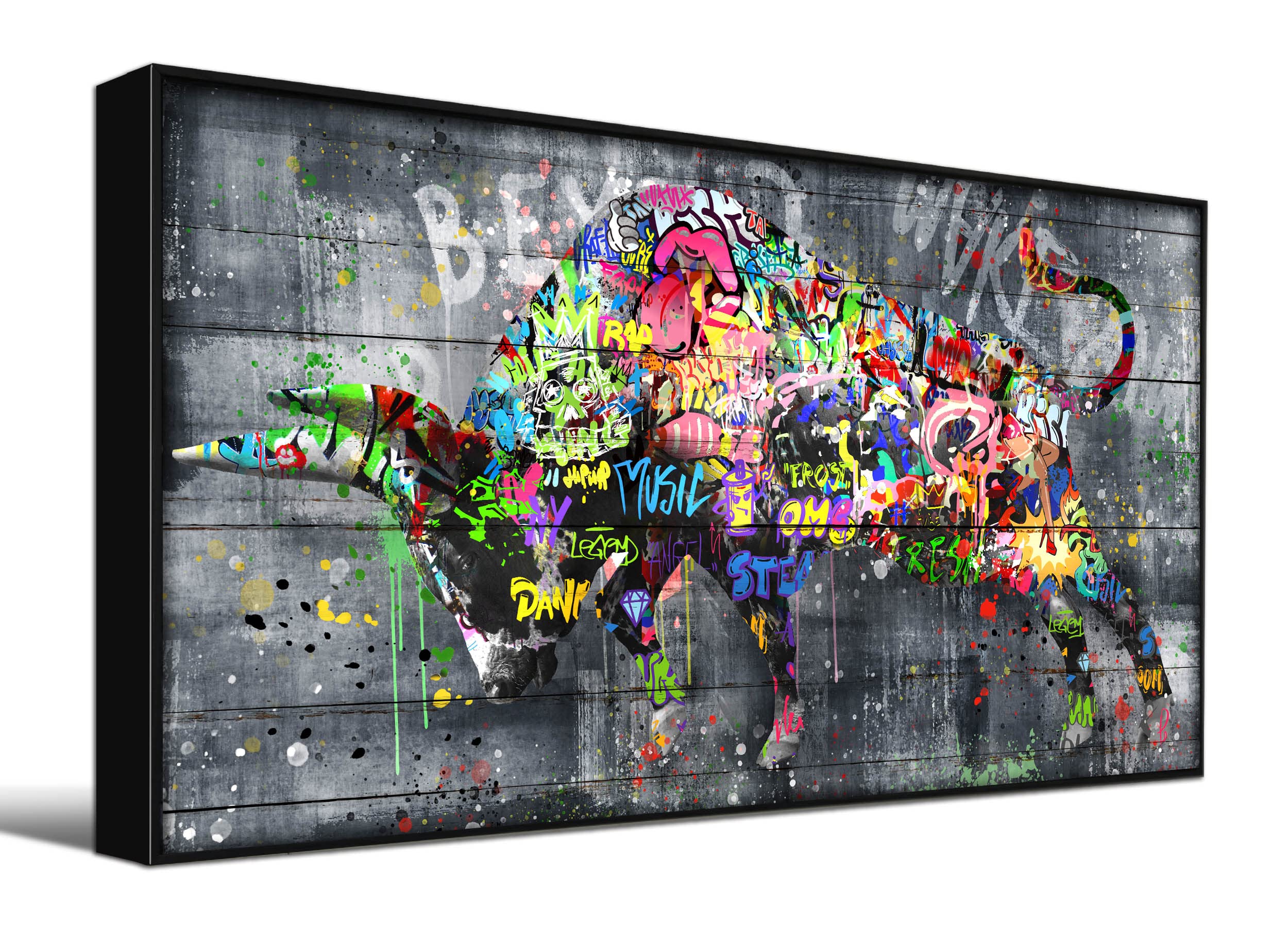 SIXTTART Bull Pictures Wall-Decor for Farmhouse - Framed Wall Art for Living Room - Graffiti Western Bullfighting Wall Decor Ready to Hang Size 40'' x 20'', Black Frame