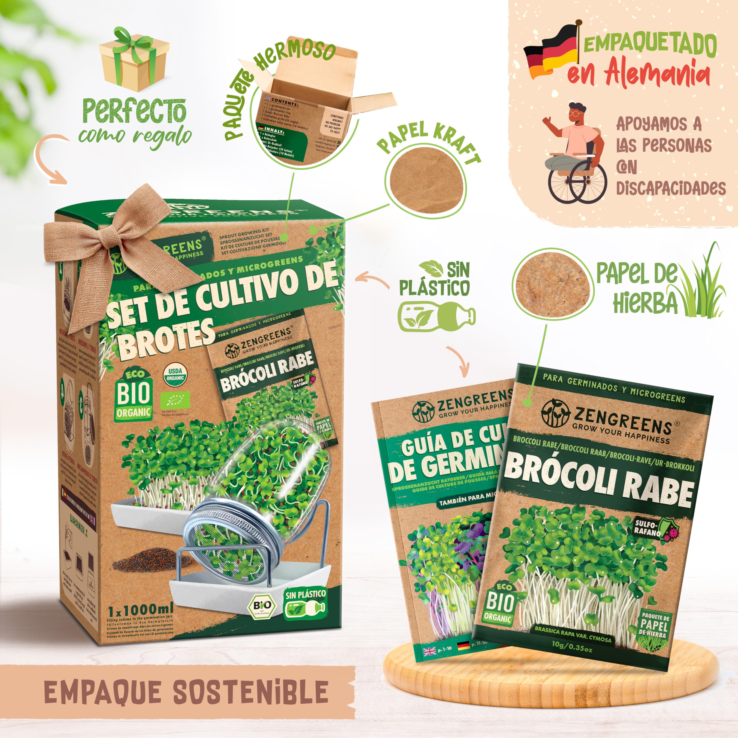 zengreens® Kit de Cultivo de brotes Bio - Set de 1, 2 o 3 tarros de germinación - Incluye Tarro germinador, Bandeja de Cultivo y Semillas para brotes - Incl. guía y videocurso Online