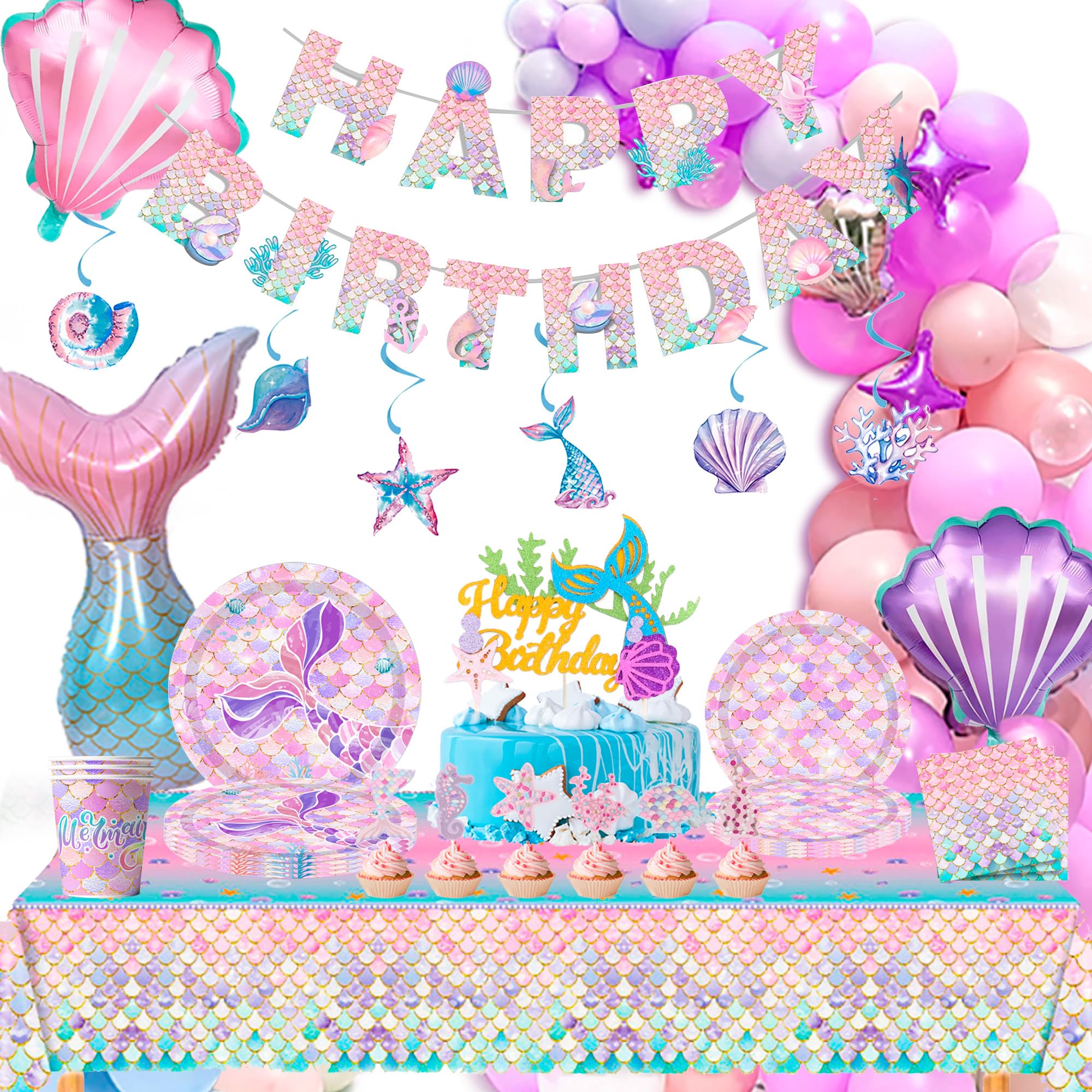 Mermaid Party Tableware Set, 10 Guests Mermaids Birthday Decorations Plates Table Cloth Banner Hanging Swirls etc Mermaid Party Supplies