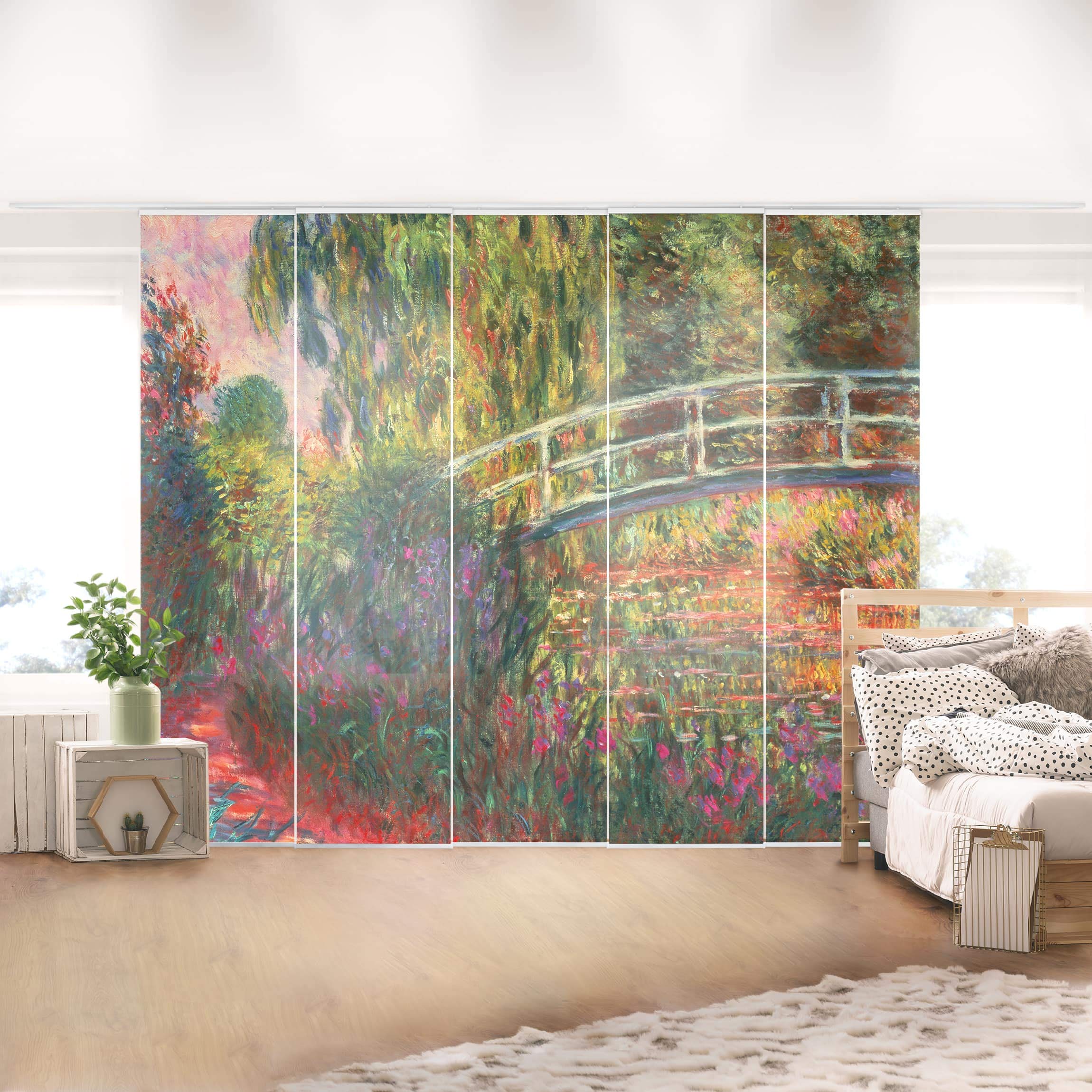 Schiebegardine halbtransparent 60er Paneel Klett Wald Textil lichtdurchlässig - Blumenwiese Modern Flächenvorhang Wohnzimmer Schlafzimmer 2101 (300x250 cm - 5er Set)