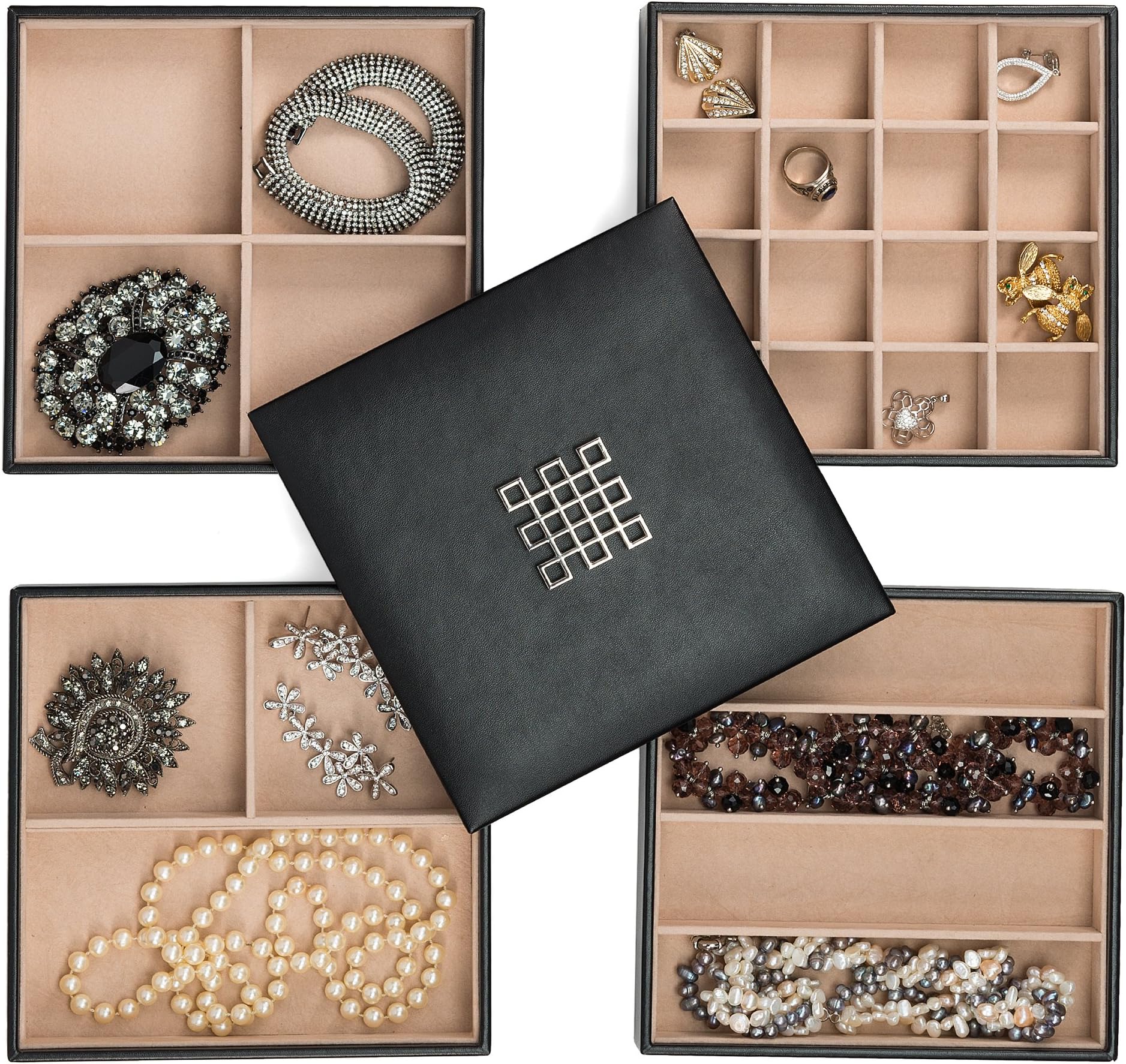 Glenor Co Jewelry Organizer Tray - 4 Stackable Trays & Lid Mirror - 27 Slot Storage Drawer, Dresser - Black