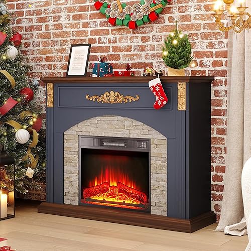 44Inch Fireplace with Mantel, Electric Fire Place Heater with Stacked Stone Surround, Farmhouse Firebox with Gold Carvings, 23" Fireplace Insert for Bedroom,Living Room（Blue）