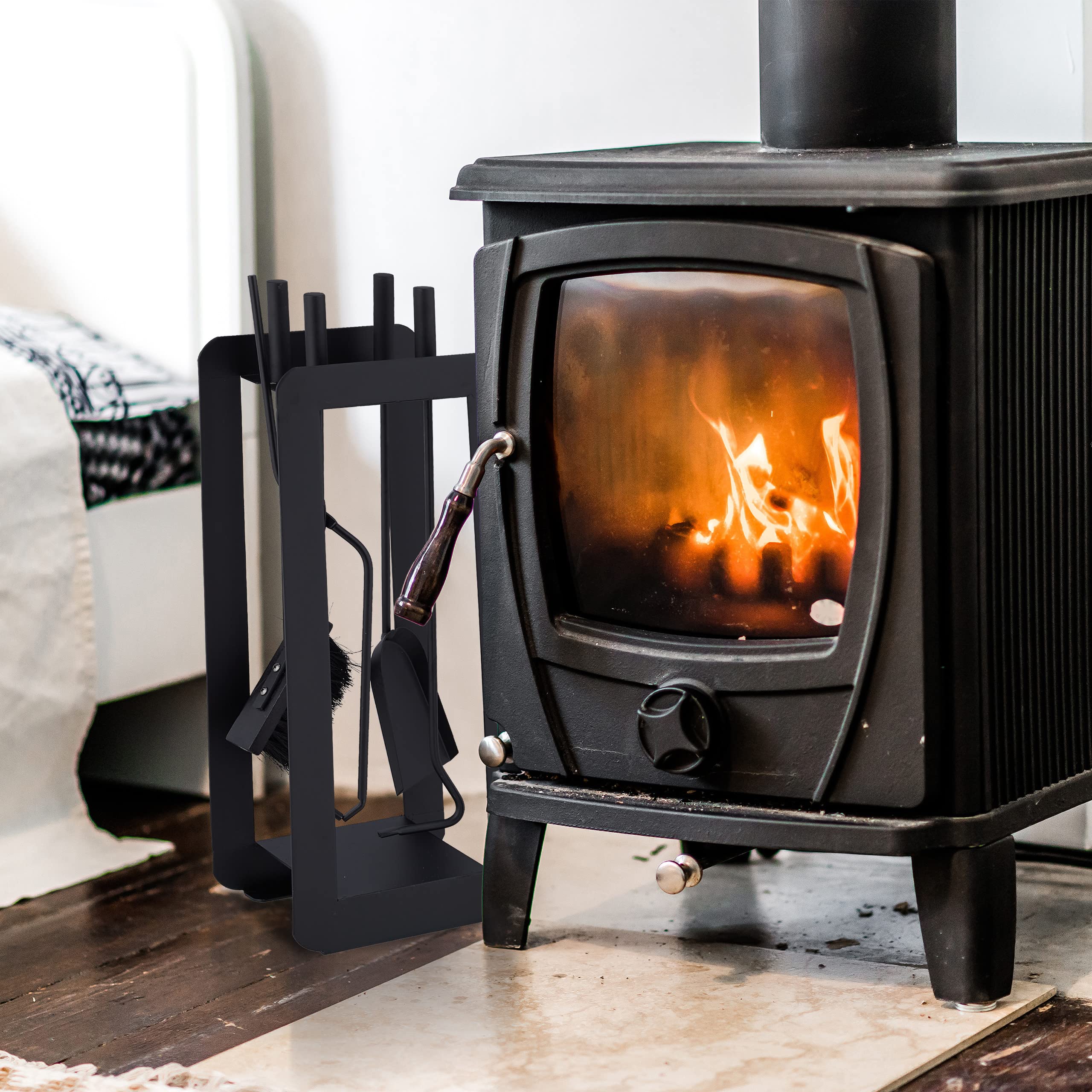 Relaxdays Accesorios Chimenea, Set de 5 Piezas, Atizador, Pala, Escoba, Pinzas y Soporte, Útiles Estufa, Acero, Negro