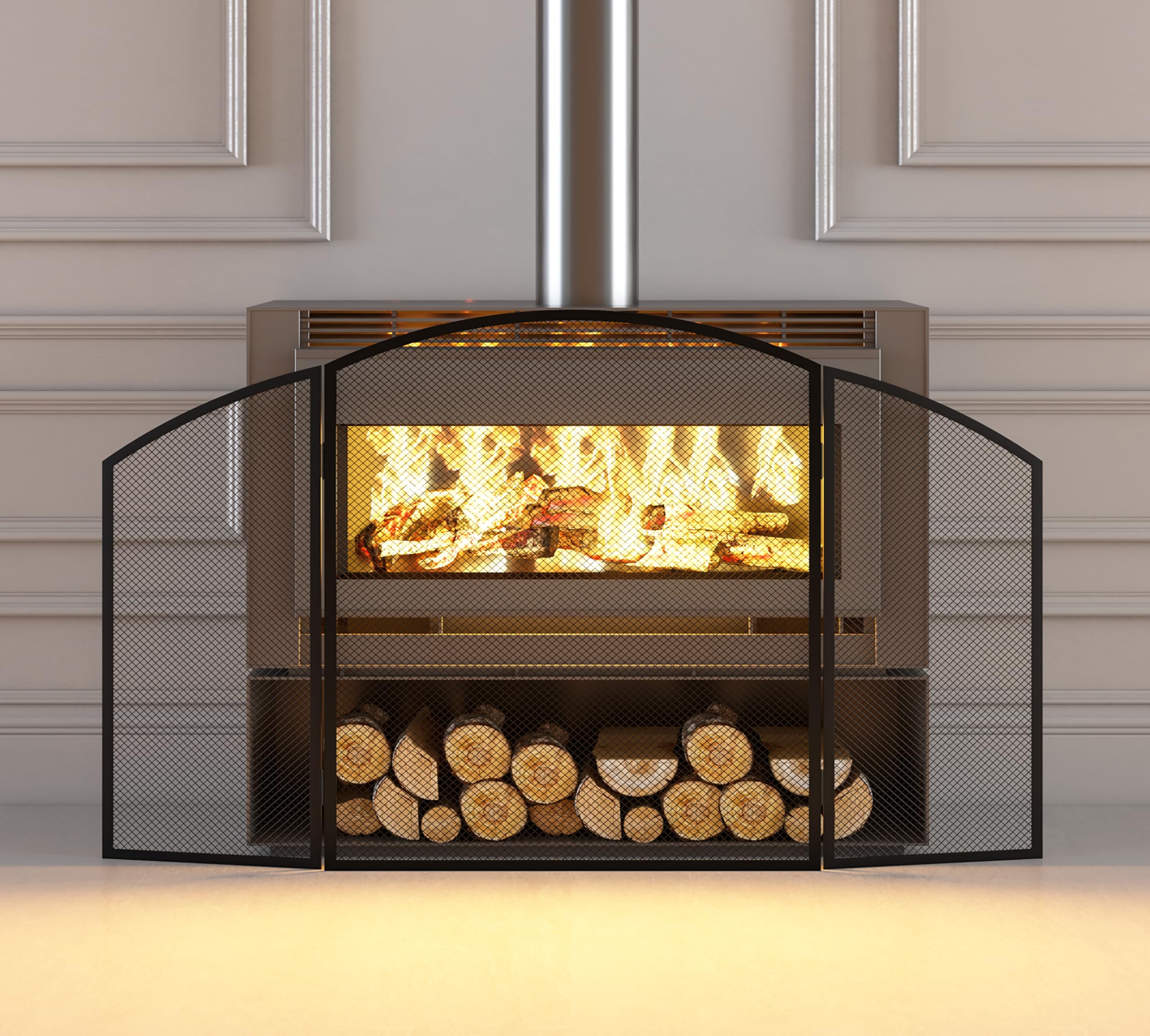 Pare-étincelles 3 panneaux fer plat 96,5 cm x 61 cm revêtement poudre noire cheminée