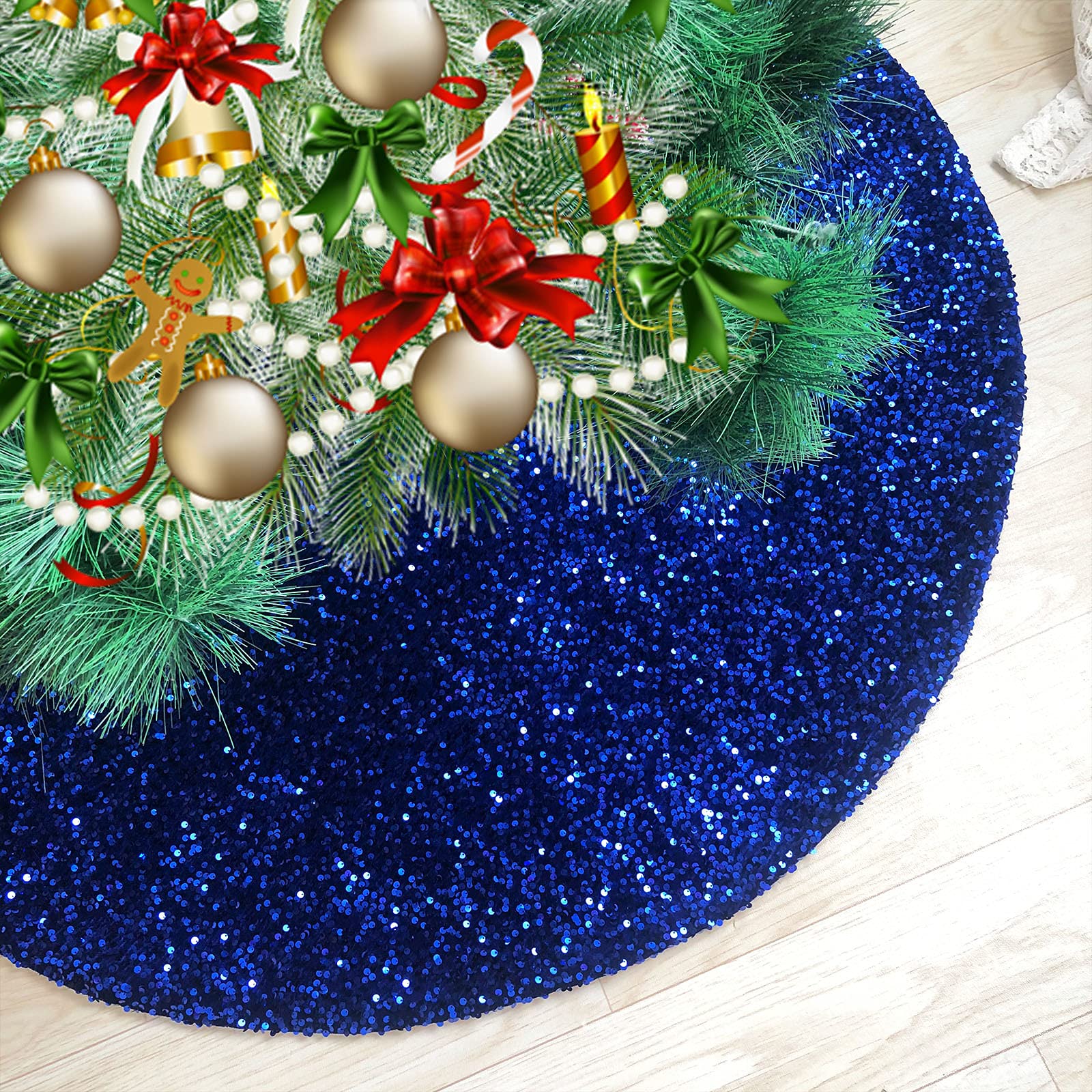 OMKSIH Bunter Weihnachtsbaumrock, 117,8 cm, groß, Samt, bestickt, Pailletten -Baumröcke für künstliche Bäume, glitzernder Weihnachtsbaumrock, Kragen für Regenbogen-Baumröcke, Weihnachtsdekorationen