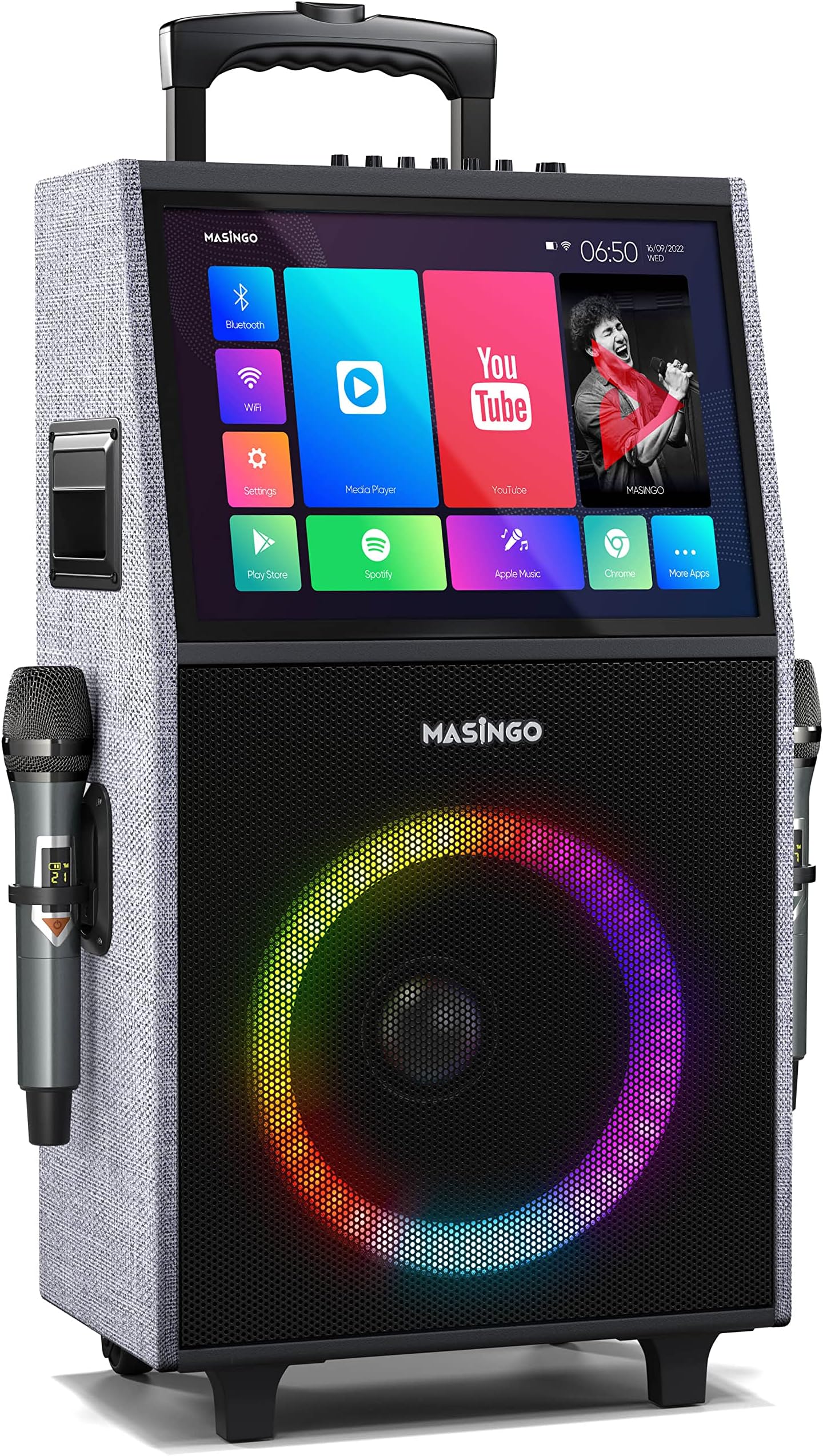 MASINGO New Professional Karaoke Machine with Lyrics Display Screen for Adults and Kids, Bluetooth Portable PA Speaker System with WiFi, Built-in 15" Tablet, Lights and 2 Wireless Microphones
