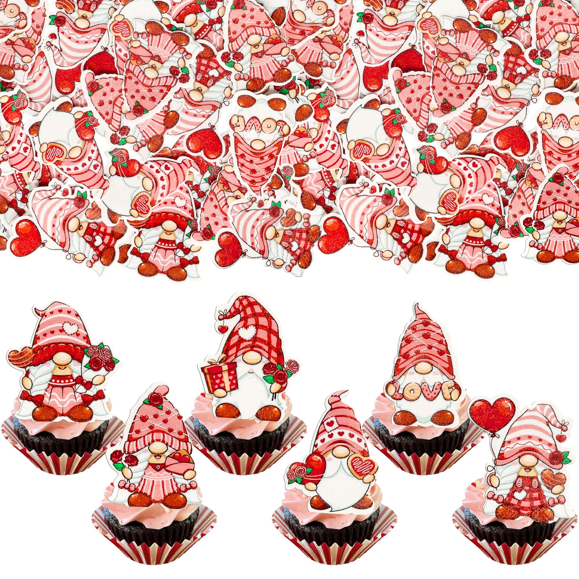 Ephlyn 48Pcs Edible Valentine's Day Cupcake Toppers Sweet Love Heart Gnome Cake Decorations Edible Gnome Cupcake Picks for Valentine's Day Theme