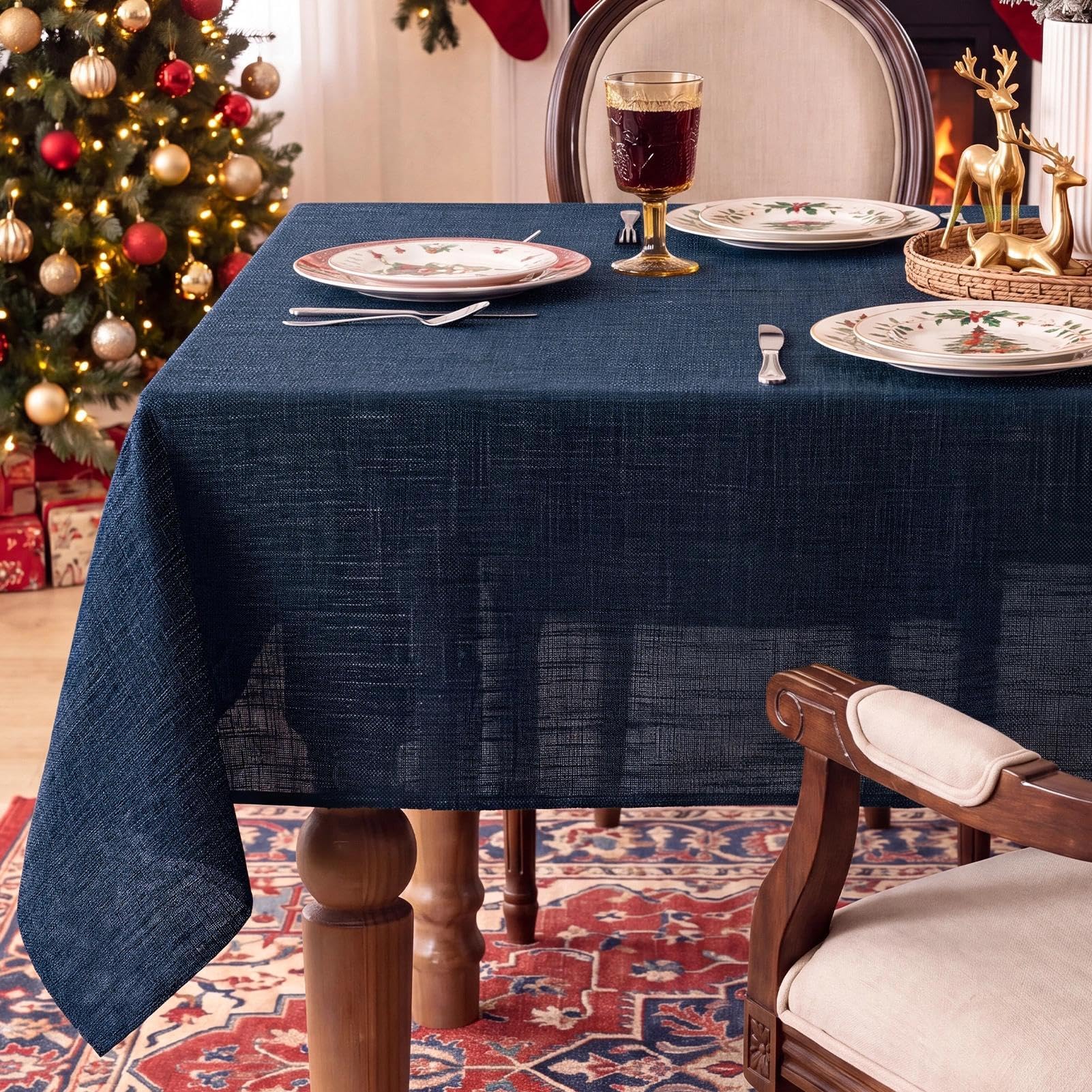 FIBORIA Navy Blue Table Cloth Faux Linen Rectangular 140x240 cm Tablecloth Wipe Clean Water Resistant Wipeable Tablecloths for Christmas Xmas Dining Kitchen Party Banquet FestiveDecor, 55x94 inch