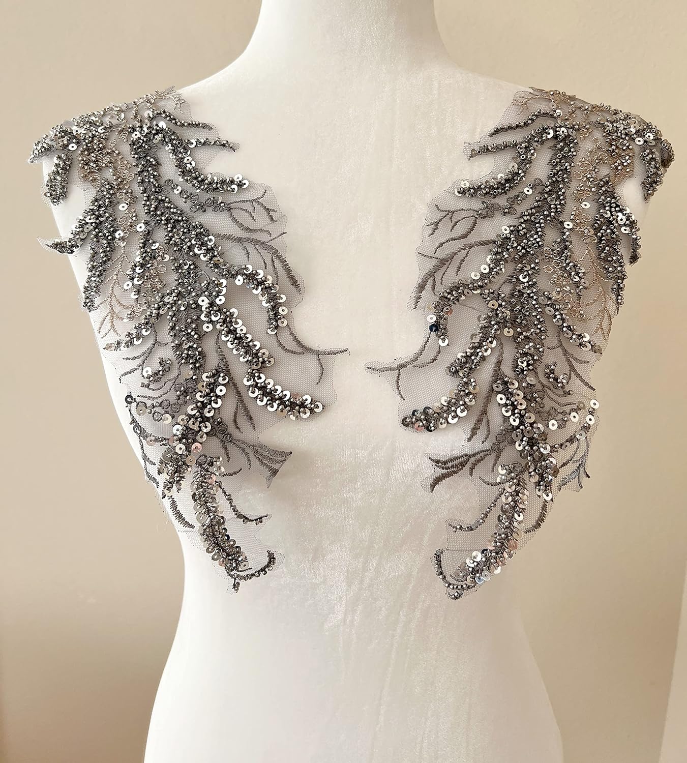 PEPPERLONELY 1 Pair 3D Lace Beaded Sequins Flower Mirror Sew on Embroidered Lace Applique Wedding Dress Bride's Headdress Adornment DIY Patch Clothing Accessories, 4 x 13.75 Inches, Dark Gray