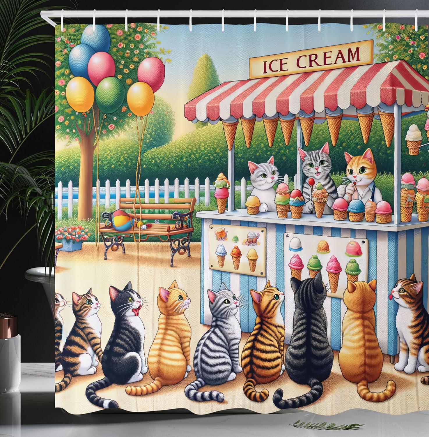 Ambesonne Cats Shower Curtain, Delicate Cartoon Kittens Waiting for Ice Cream Queue in a Sunny Day Happy, Cloth Fabric Bathroom Decor Set with Hooks, 69" W x 84" L, Multicolor Orange Green