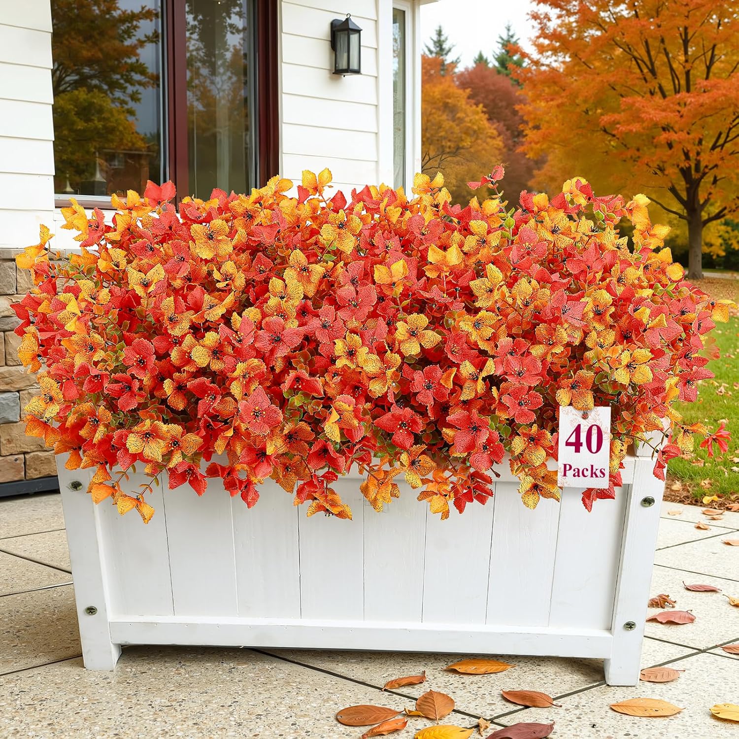 SHareconn 20 Bundles Artificial Fall Flowers Outdoors Decoration, Fake Silk mums Eucalyptus Realistic UV Resistant Faux Plants for Outside Indoor Planter Porch Yard Home Autumn Decor, Orange Yellow - Image 4