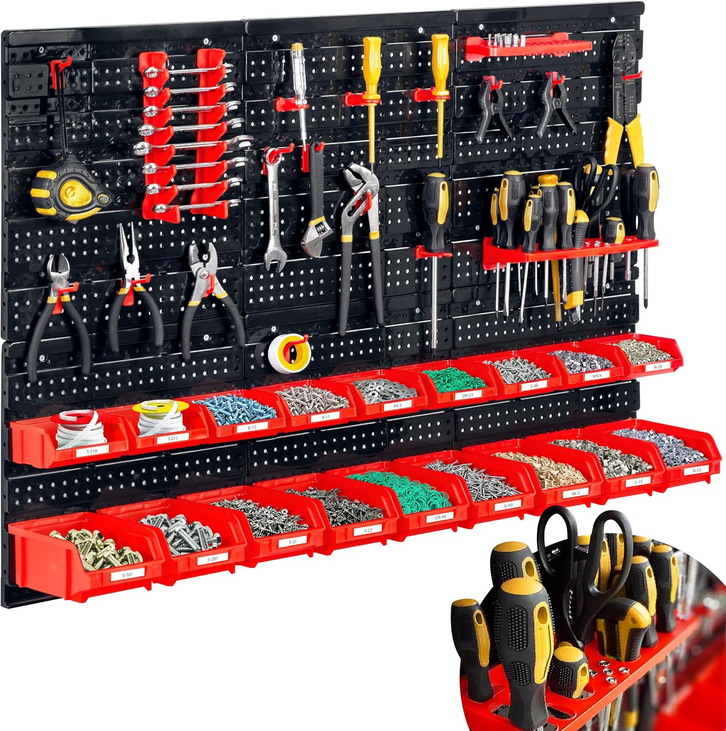 Tool Wall Workshop Equipment Perforated Wall Shelf for Workshop 6 Modules 43 Pieces Black Red 96 x 76 cm