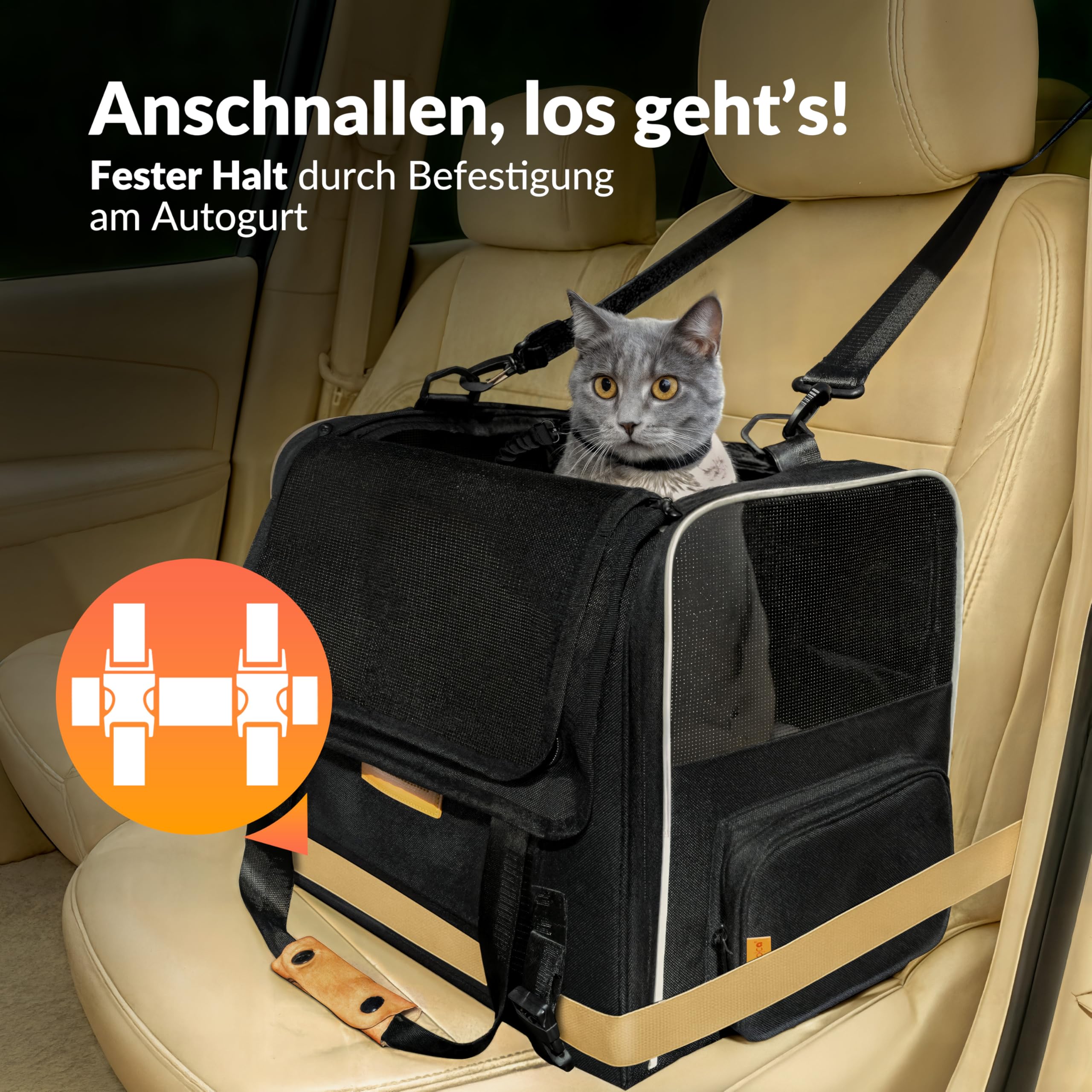 CADOCA® Transportbox Katzen bis 20kg faltbar Sonnen- und Regendach Schultergurt mit Napf Atmungsaktiv Komfortabel Wendekissen Haustier Katzenbox Tragetasche Hunde Auto Anthrazit