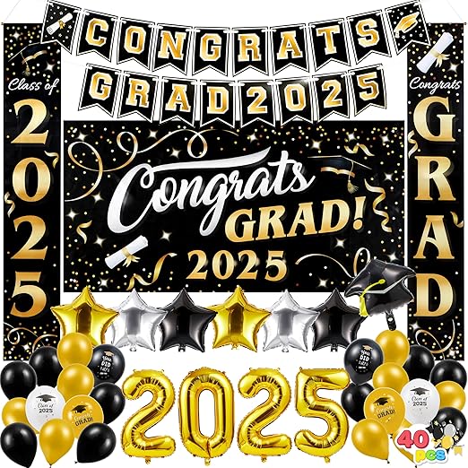 JOYIN Graduation Party Decorations Class of 2025, Black & Gold Grad Celebration Supplies Set with Backdrop Banner, Porch Sign, Balloons, Foil Number 2025, Hanging Strip for High School College Grad