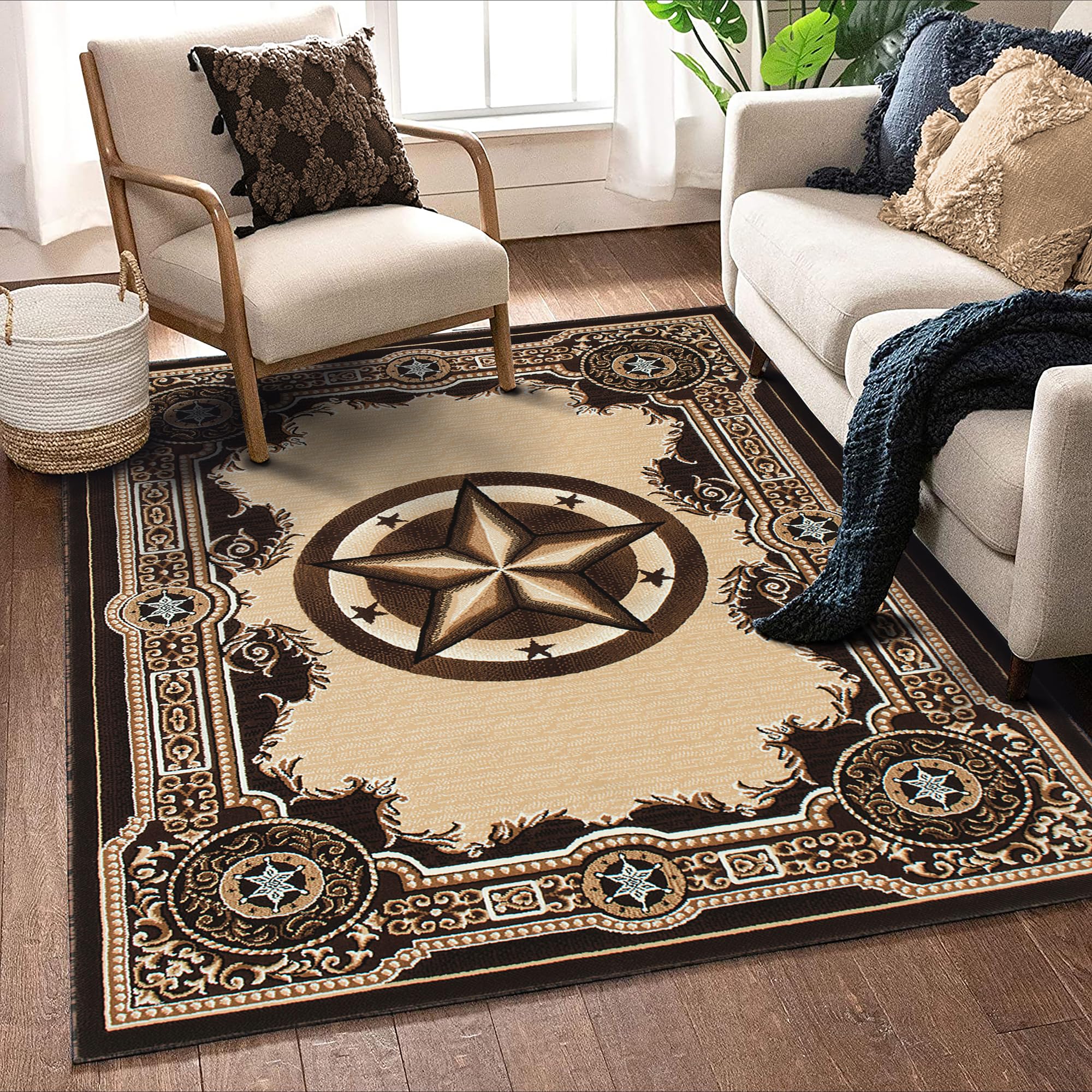 AllStar Rugs Brown 5ft x 7ft Western Cowboy Texas Star Area Rug