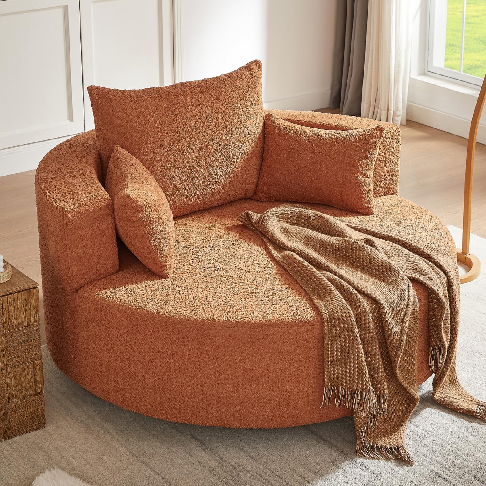 SLEERWAY 55.1” Oversized Round Swivel Barrel Chair, Large Upholstered Accent Sofa Chair with 3 Pillow, Comfy Chenille Cloud Circle Reading Chaise Lounge Indoor for Living Room, Bedroom,Apartment,Red