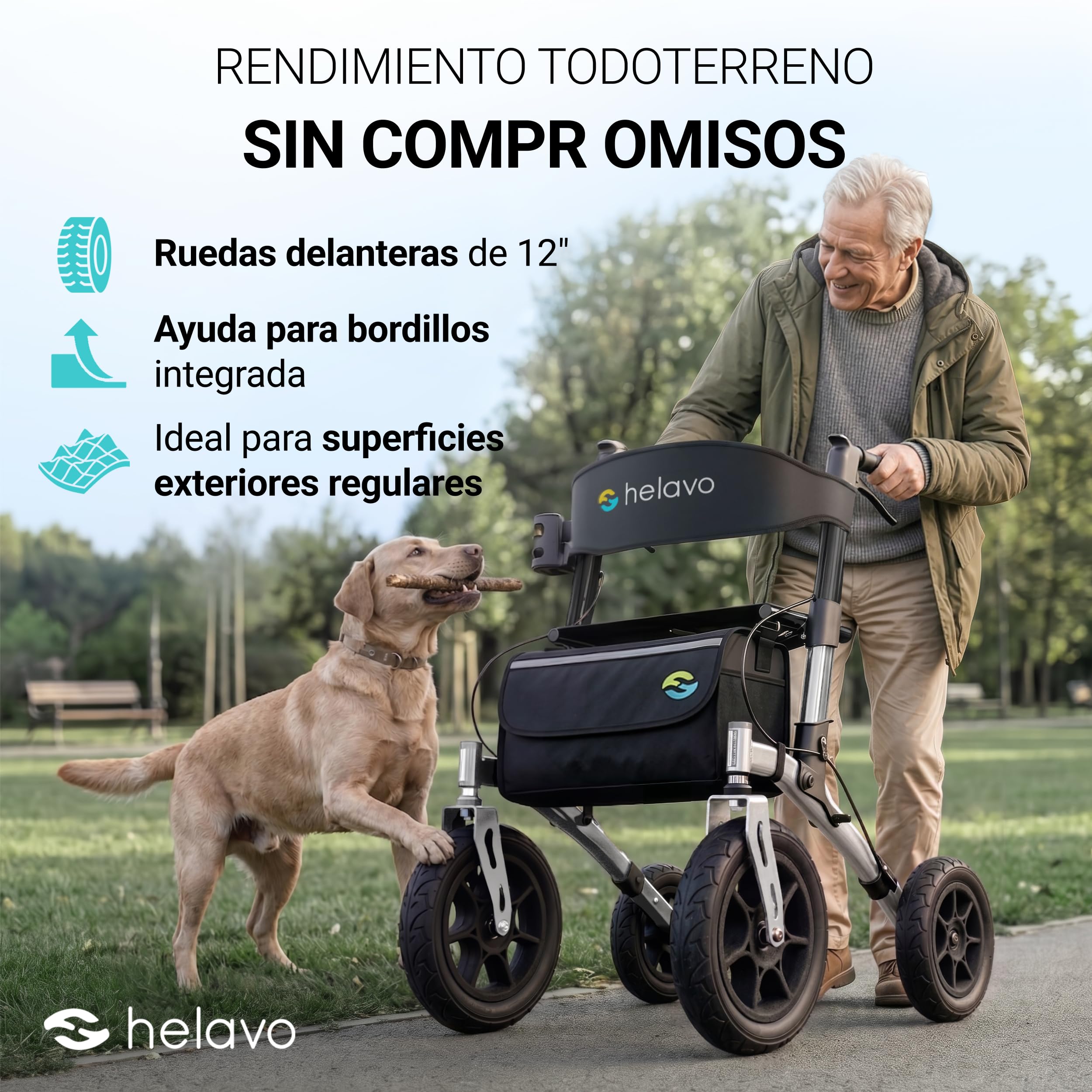 Helavo andador para exteriores con ruedas de caucho macizo antipinchazos - Andador para ancianos de aluminio plegable con asiento - Máxima movilidad y comodidad en exteriores