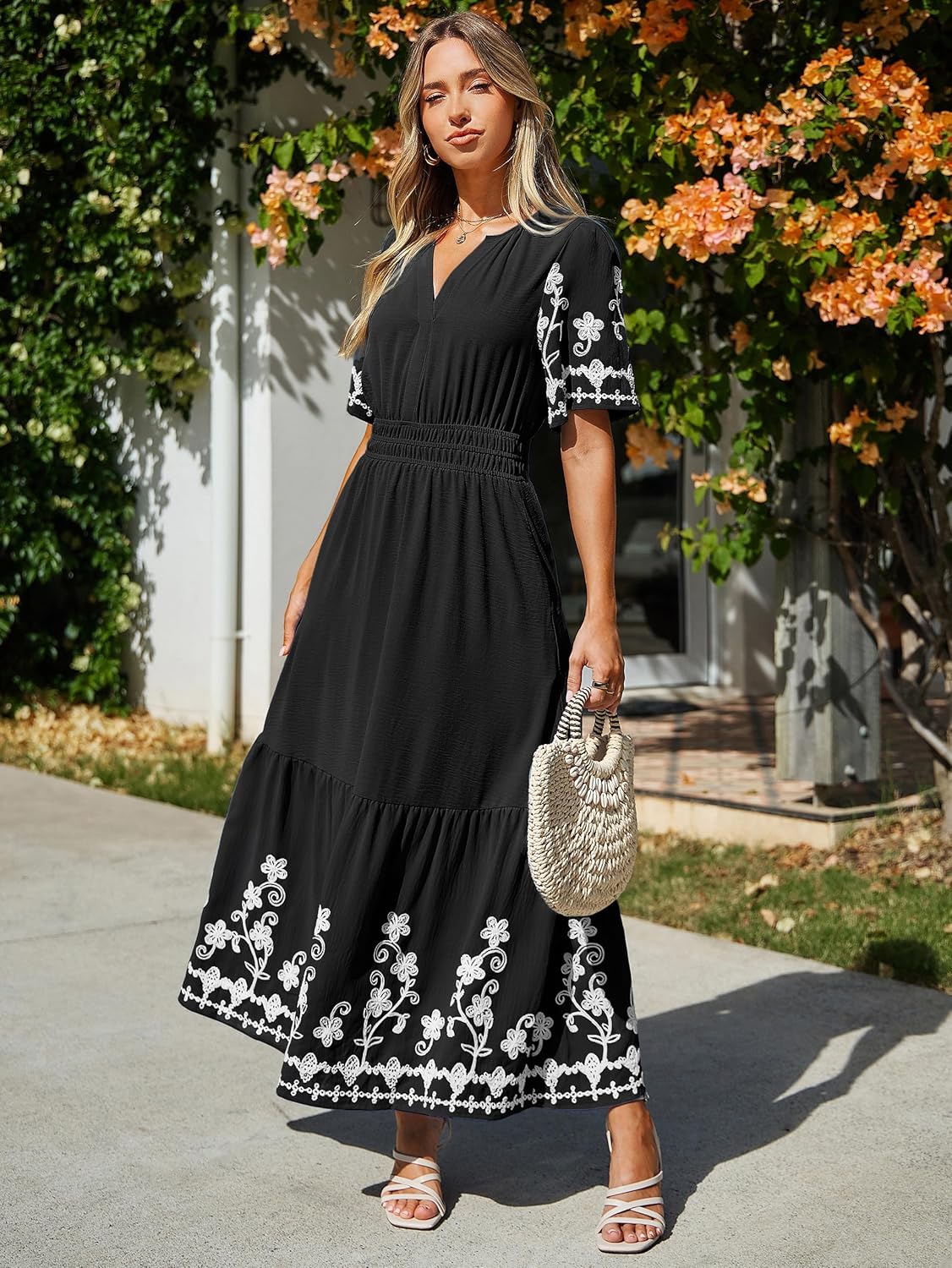 Simplee Women Summer Maxi Dress Formal Short Sleeve Embroidery Floral Boho Wedding Guest Tea Party V Neck Dresses 2026 - Image 3