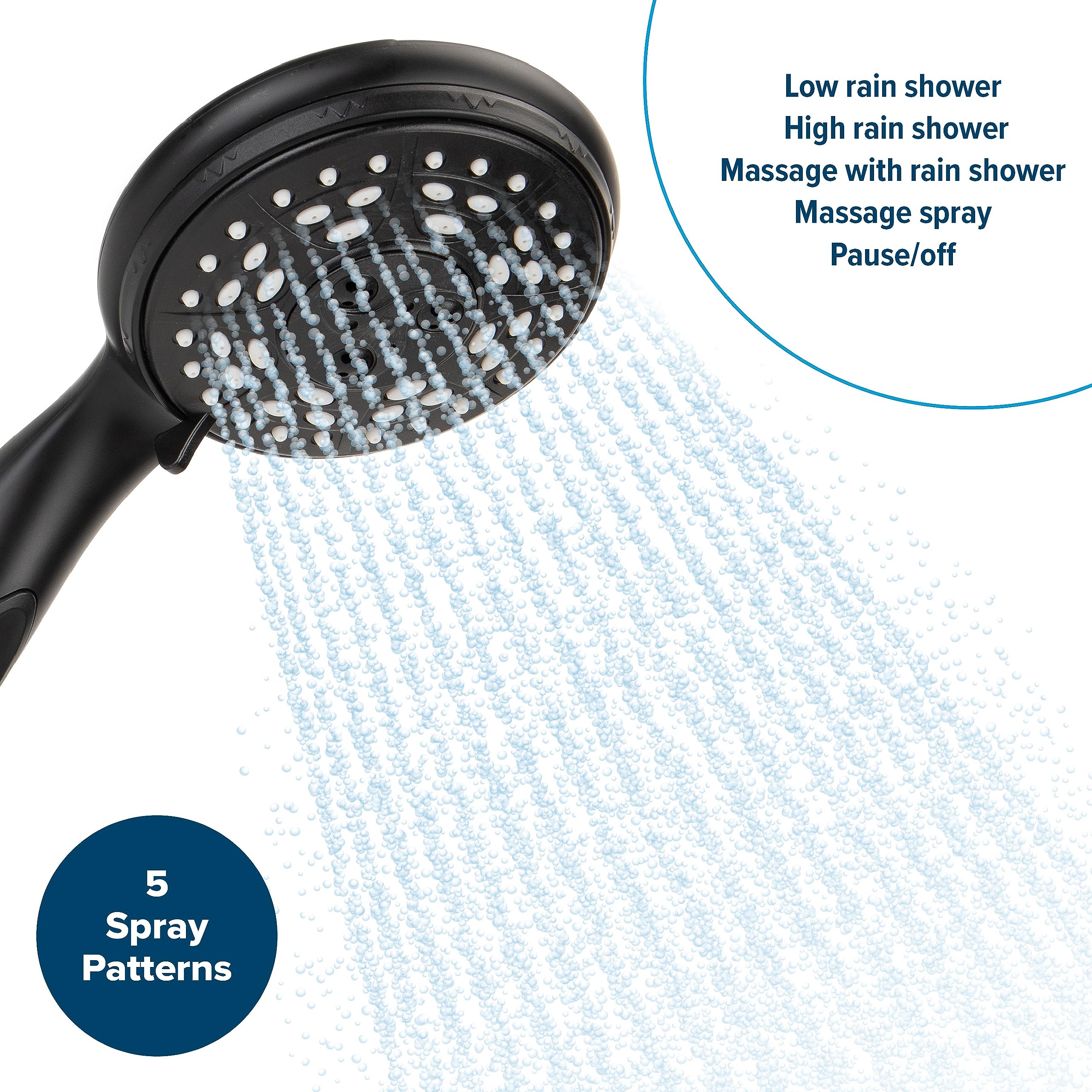Camco Kit completo de alcachofa de ducha para caravana/marina | Cuenta con un práctico interruptor de encendido/apagado para duchas eficientes de agua | 5 patrones de pulverización | Negro (43744)